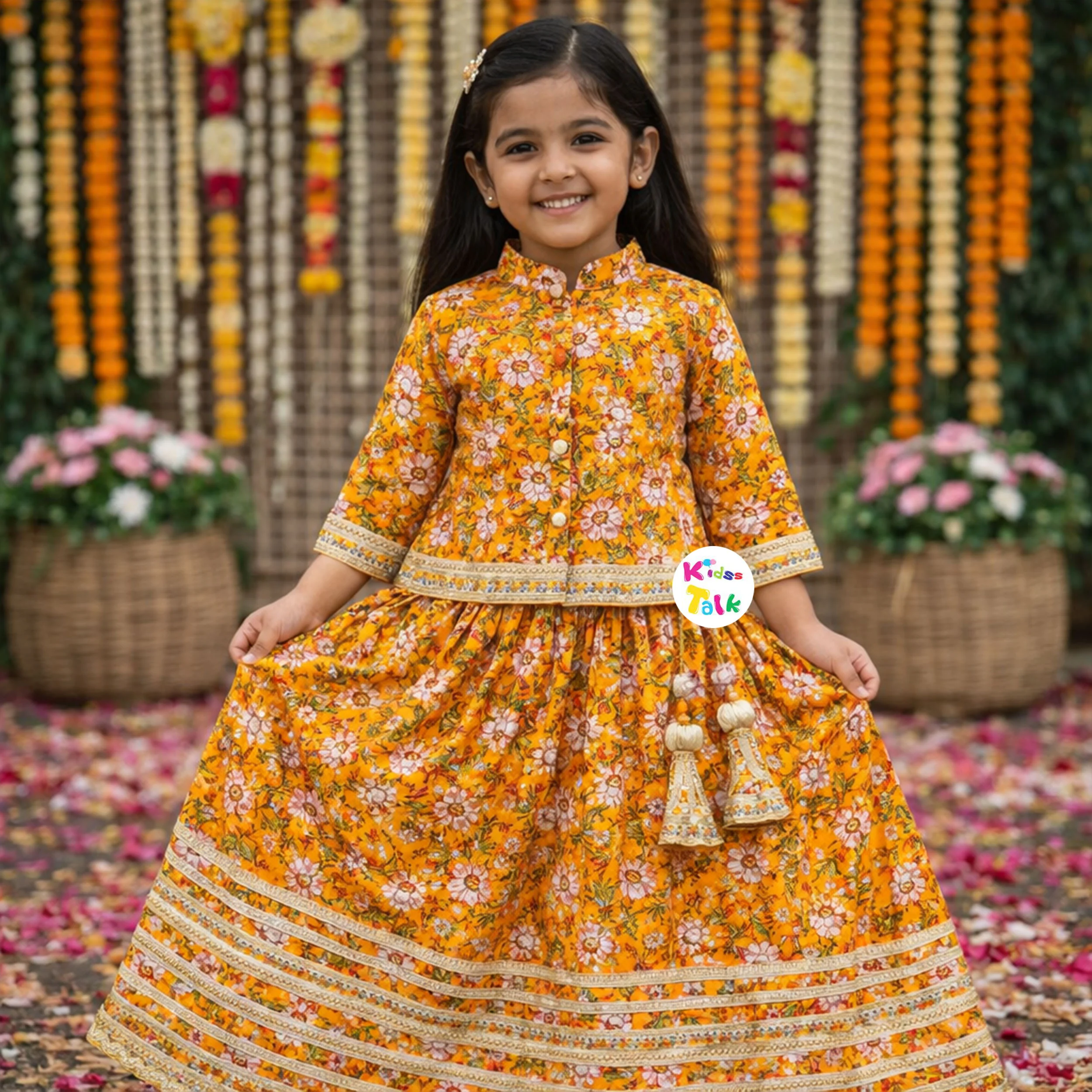 Cotton Full Sleeve Printed Top With Choli & Dupatta - Mustard