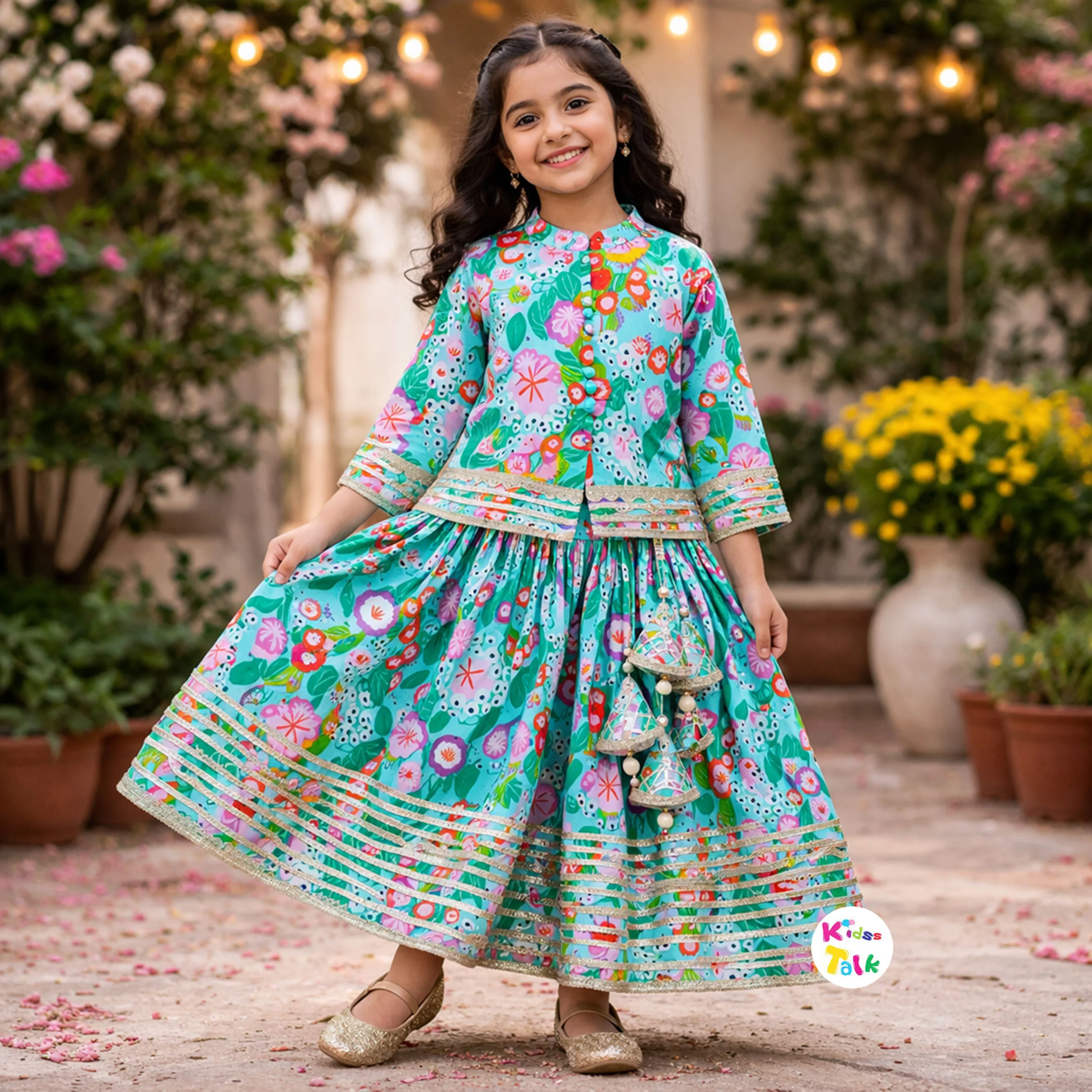 Cotton Full Sleeve Printed Top With Choli & Dupatta - Ice Blue