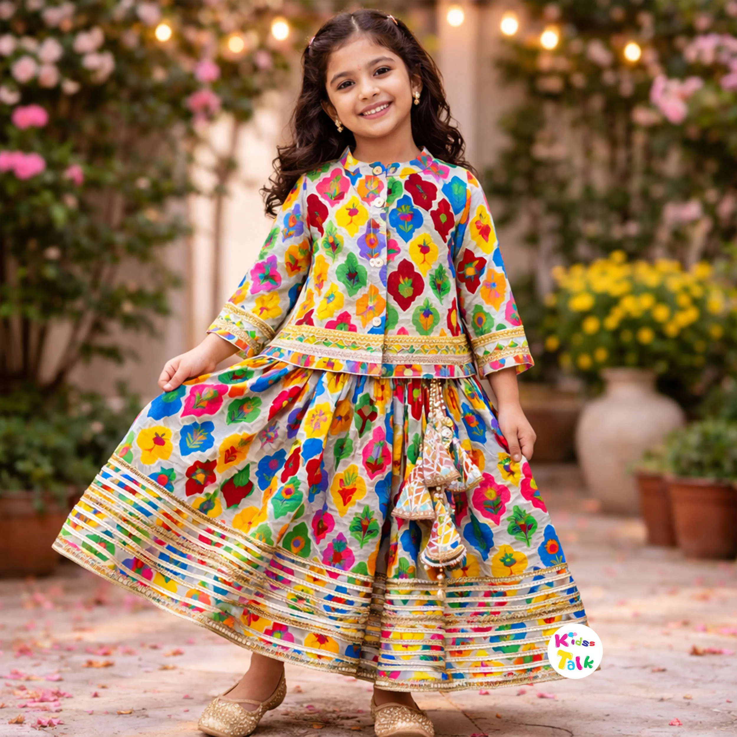 Cotton Full Sleeve Printed Top With Choli & Dupatta - Multicolour