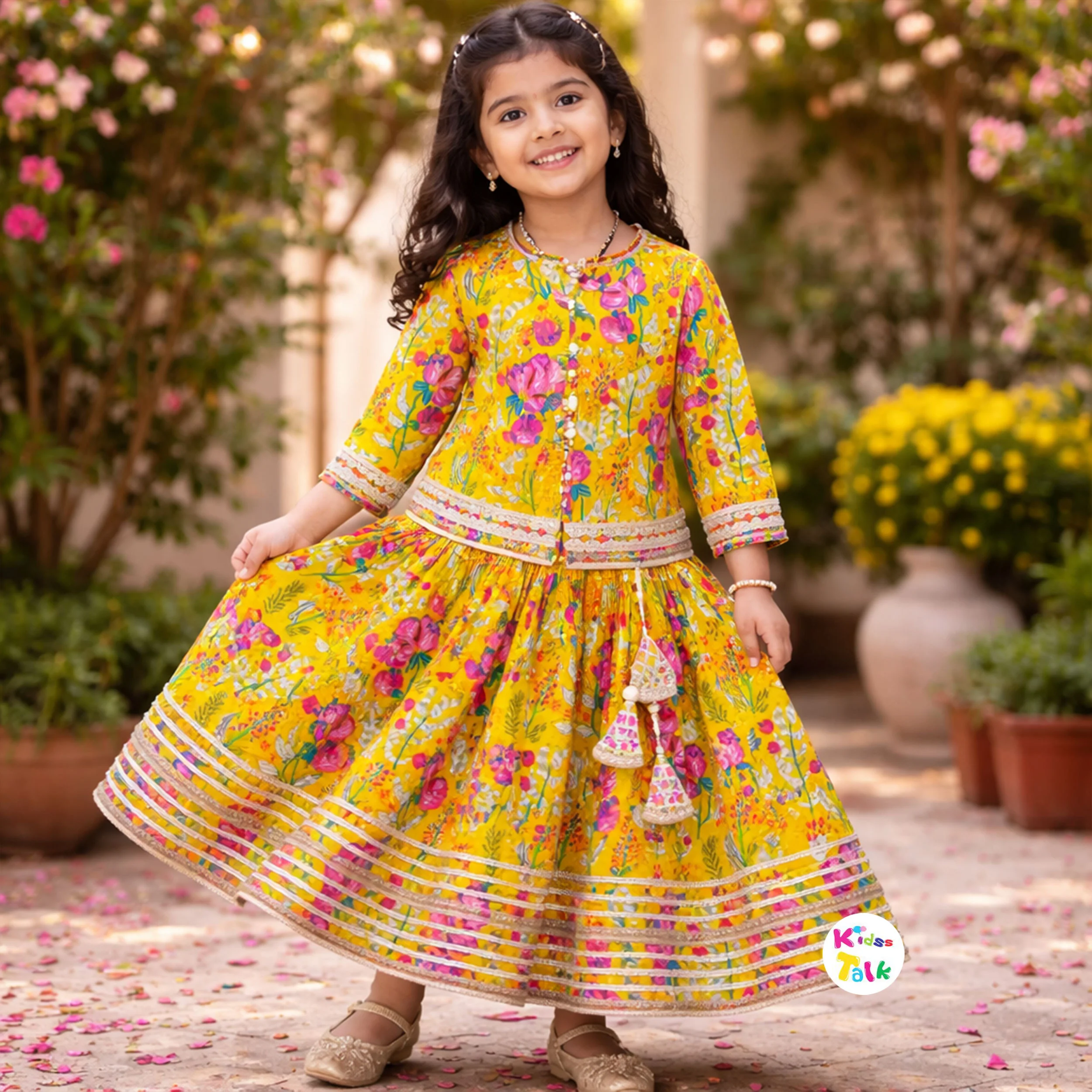 Cotton Full Sleeve Printed Top With Choli & Dupatta - Mustard