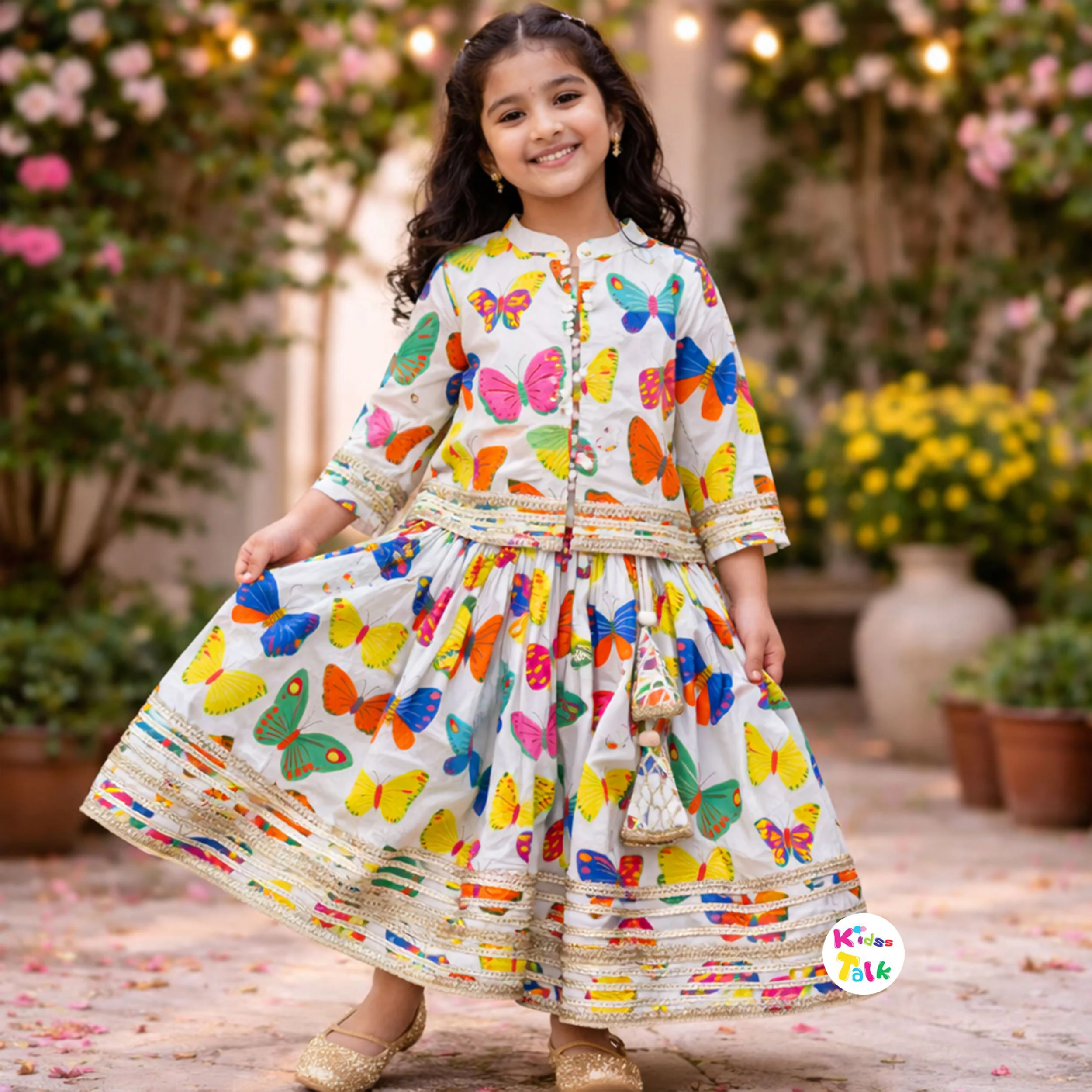 Cotton Full Sleeve Printed Top With Choli & Dupatta - White