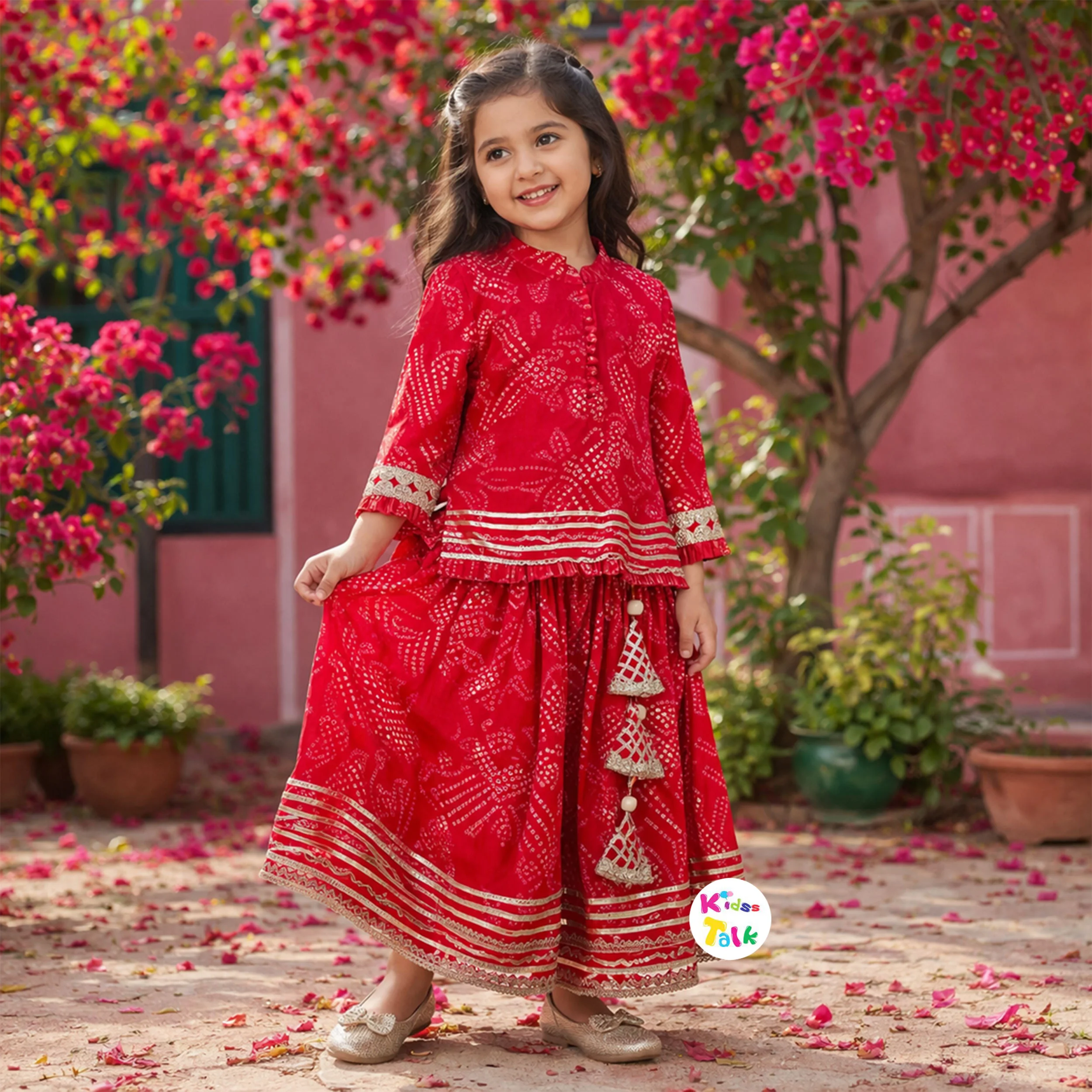 Cotton Full Sleeve Printed Top With Choli & Dupatta - Red