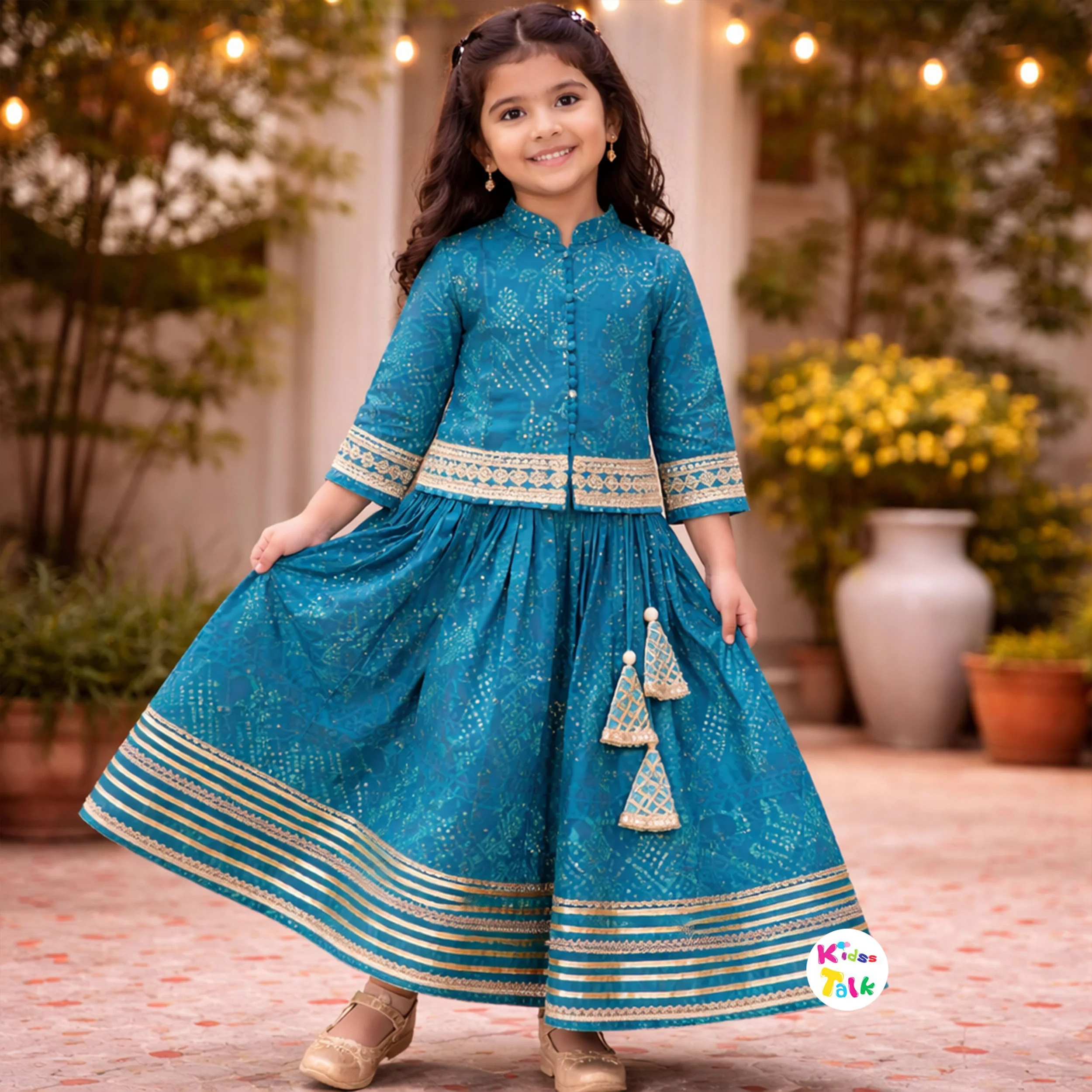 Cotton Full Sleeve Printed Top With Choli & Dupatta - Teal Blue