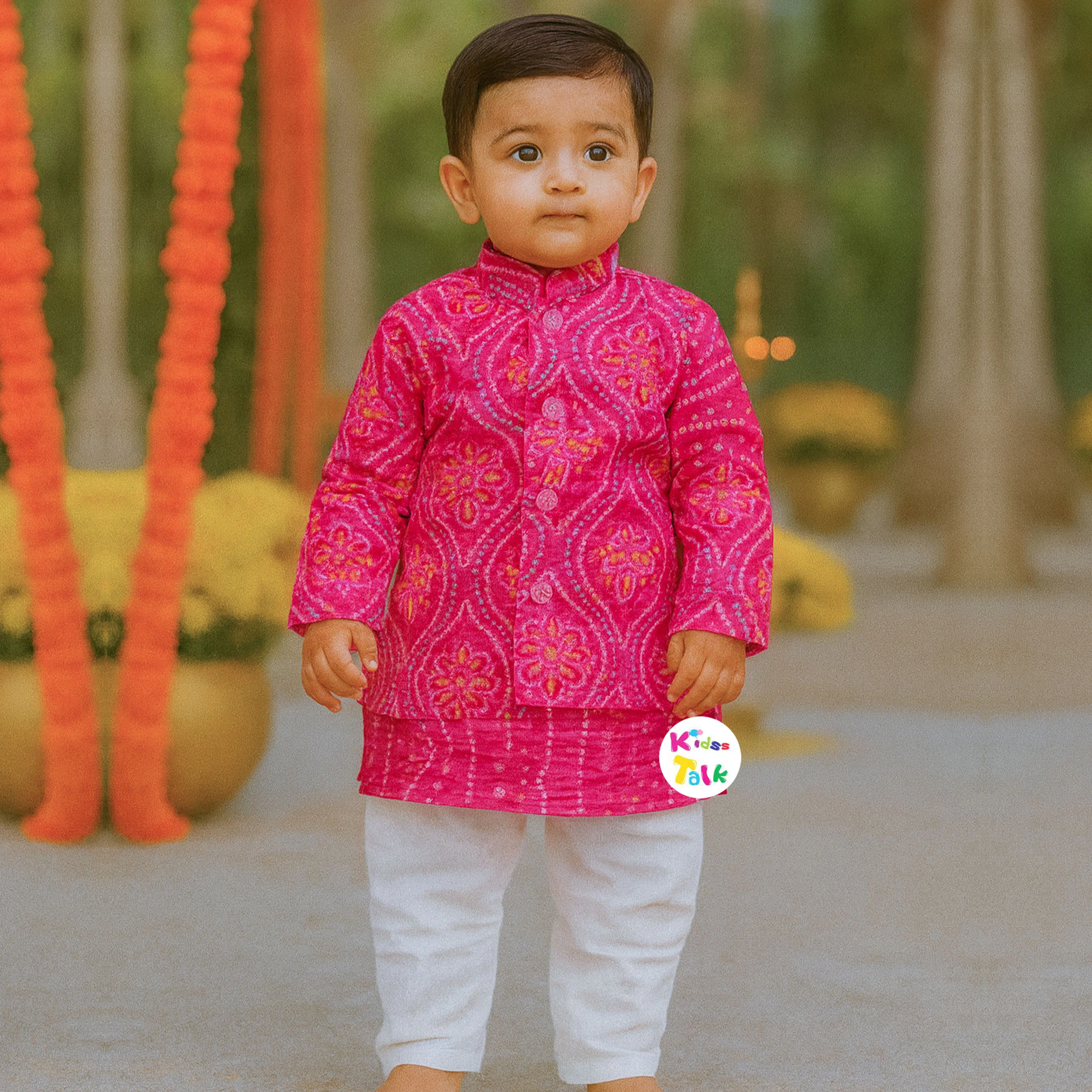 Cotton Full Sleeve Kurta Print Jacket With Pyjama - Flamingo Pink