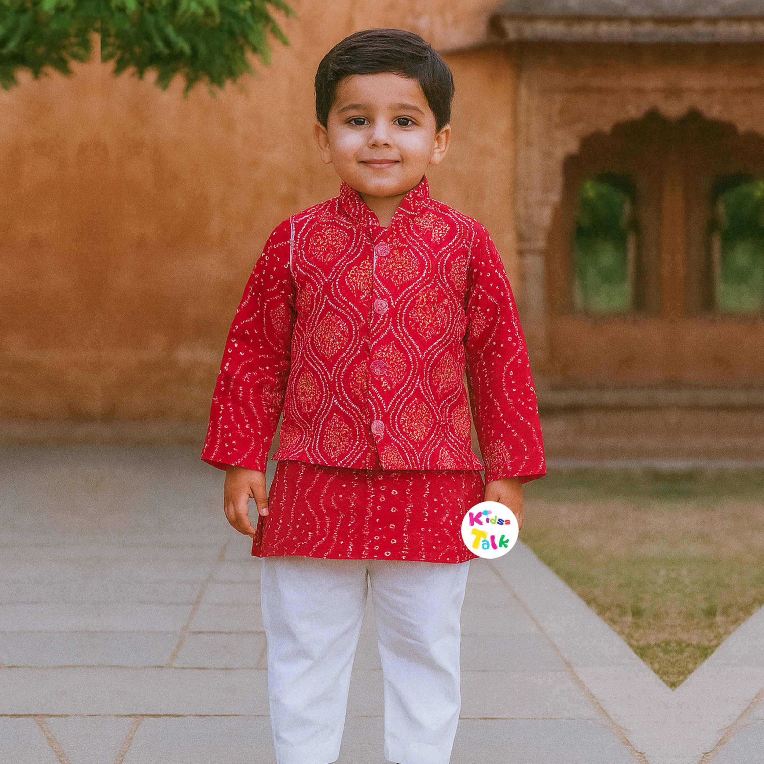 Cotton Full Sleeve Kurta Print Jacket With Pyjama - Red
