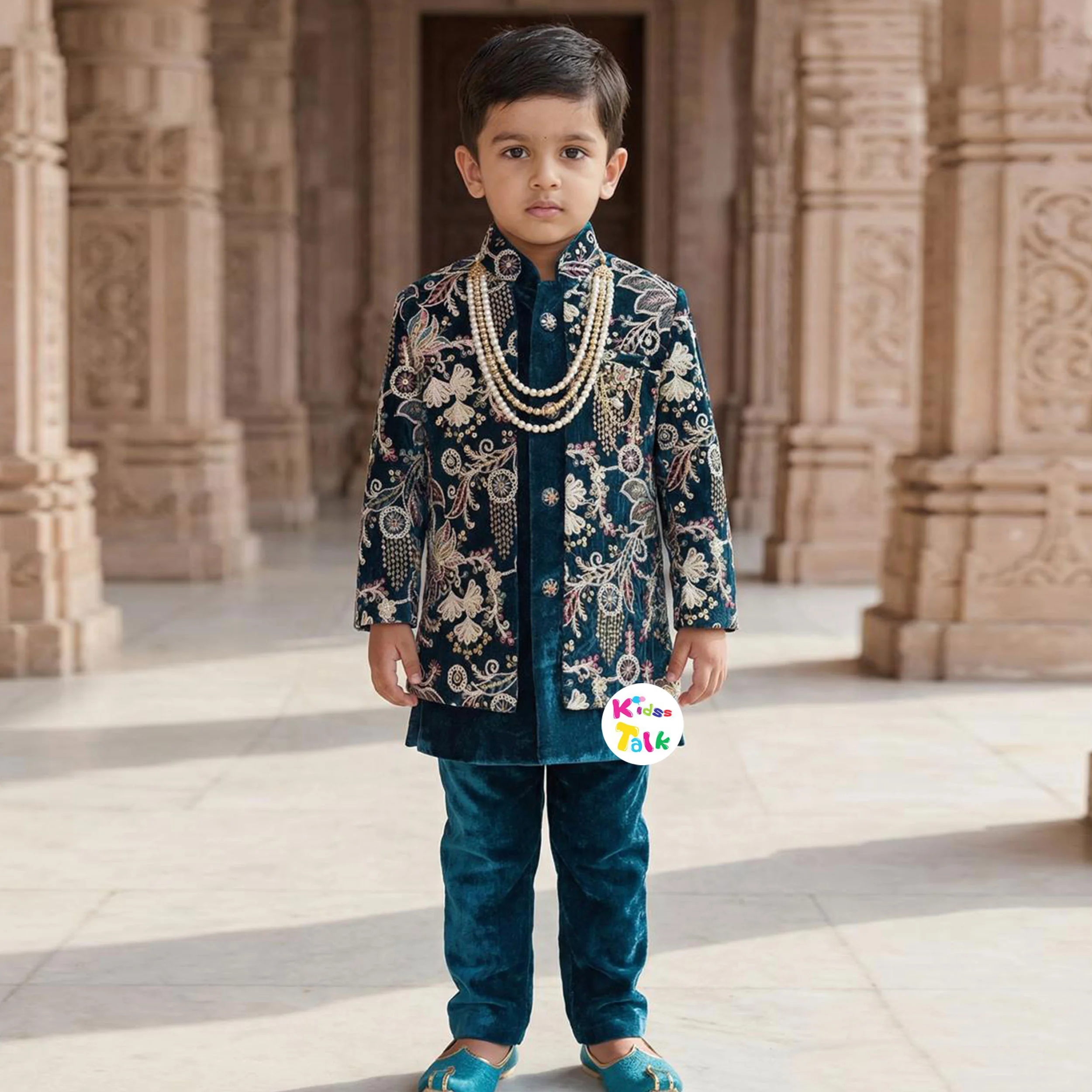 Royal Velvet Full Sleeve Sherwani With Zardhosi Worked Jacket & Pjyama - Green