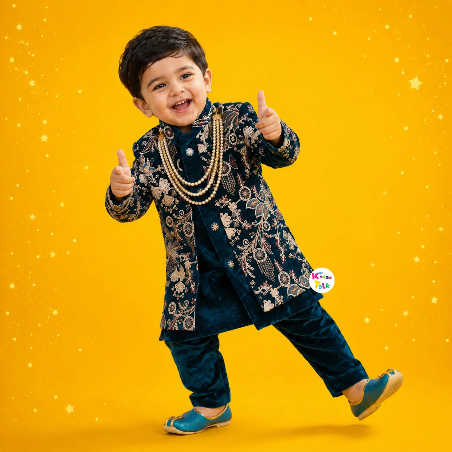 Royal Velvet Full Sleeve Sherwani With Zardhosi Worked Jacket & Pjyama - Green
