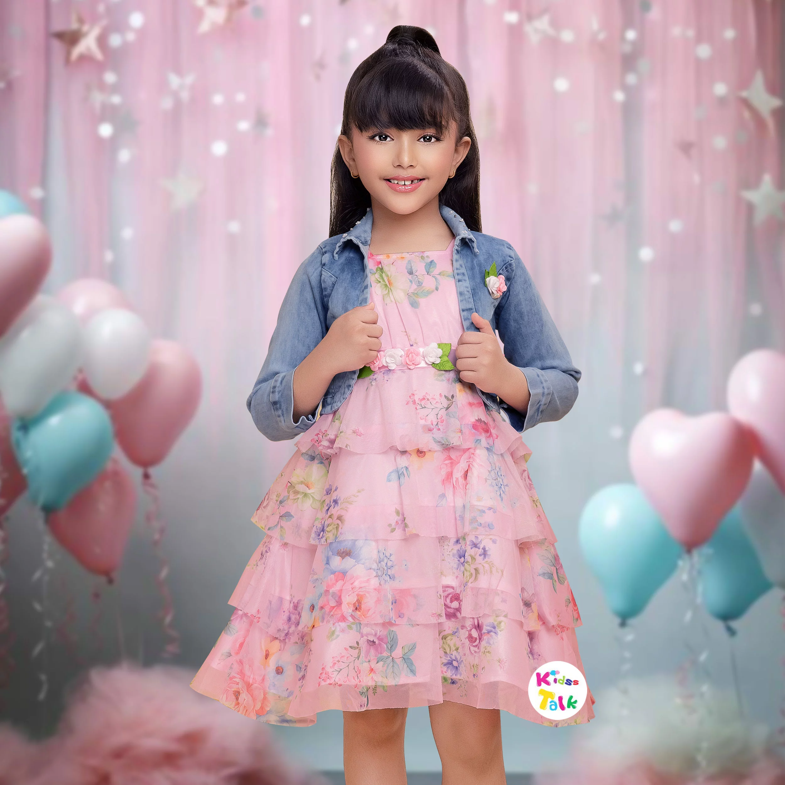 Net Sleeveless Party Frock With Denim Shrug - Baby Pink