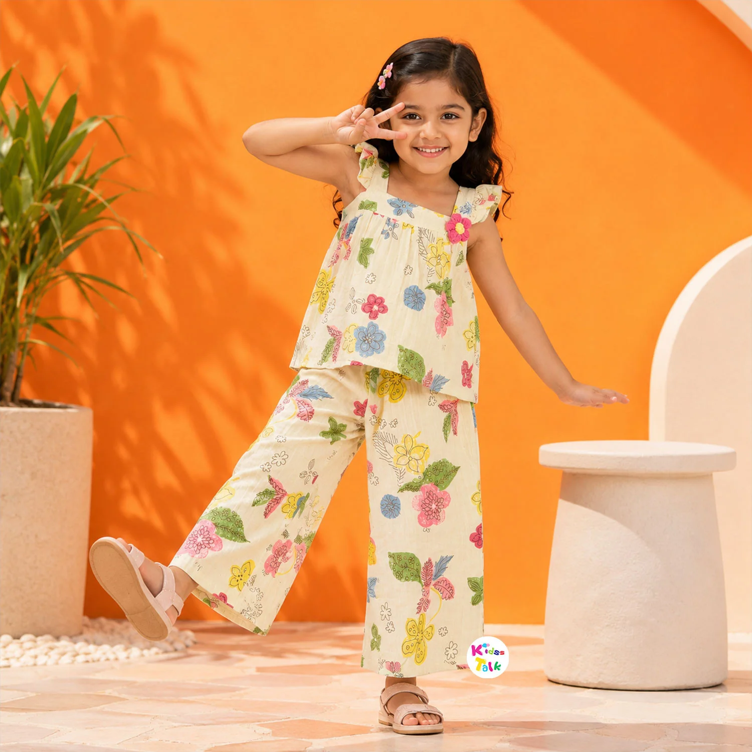 Muslin Ruffle Sleeve Printed Culottes Set - Pink