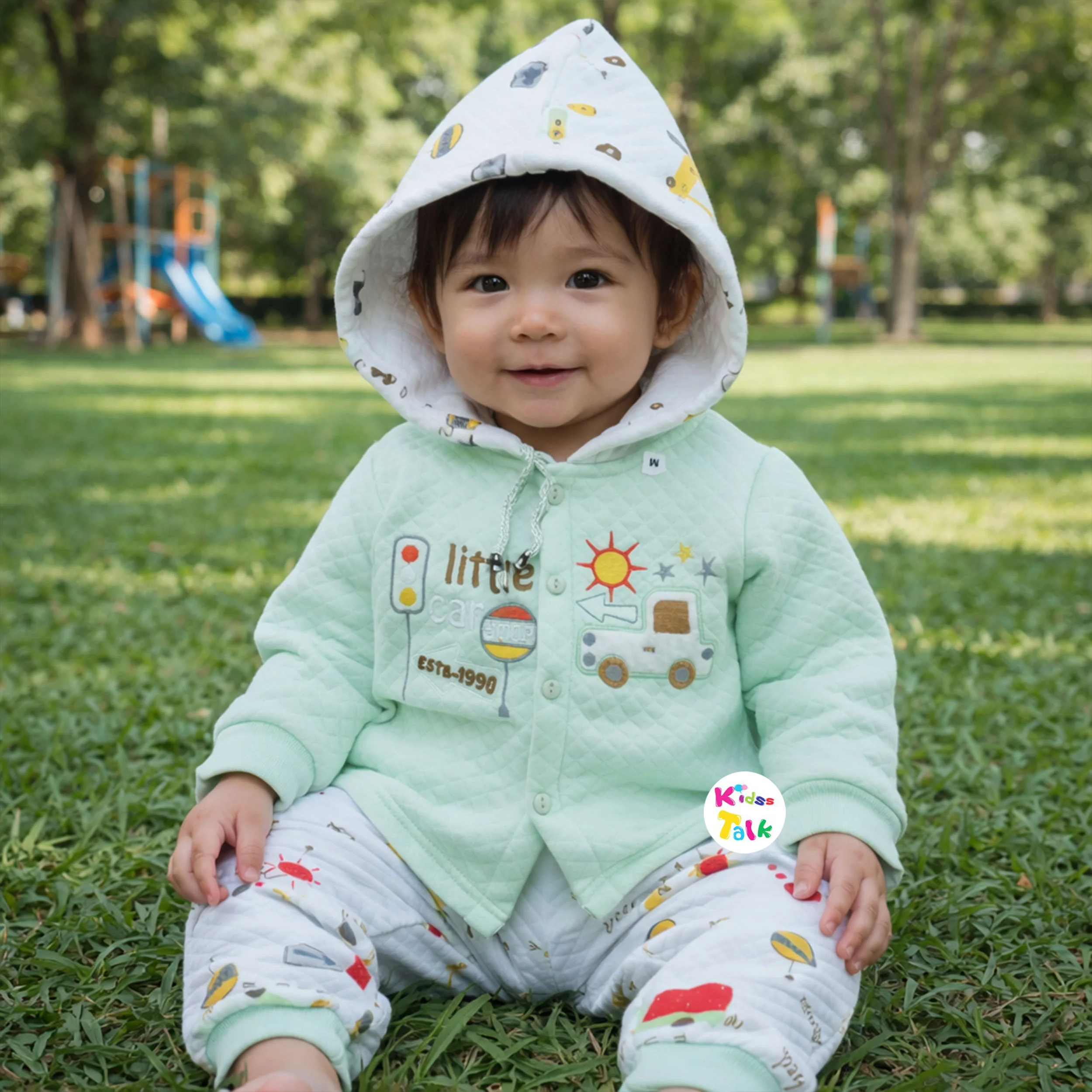 Polyfill Full Sleeve Windcheater Set With Cute Print - Mint Green