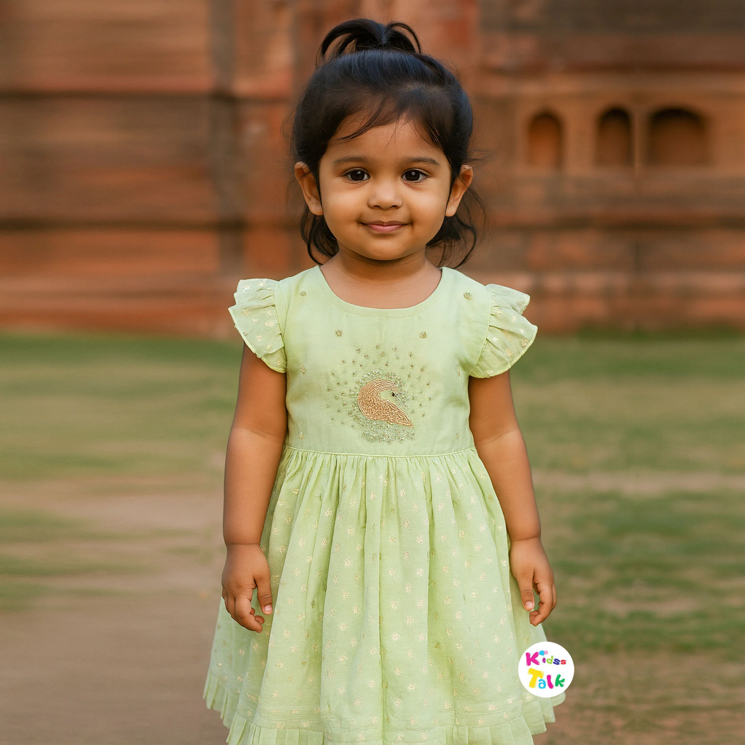 Cute Chanderi Silk Half Sleeve Ethnic Frock With Embroidered - Mint Green