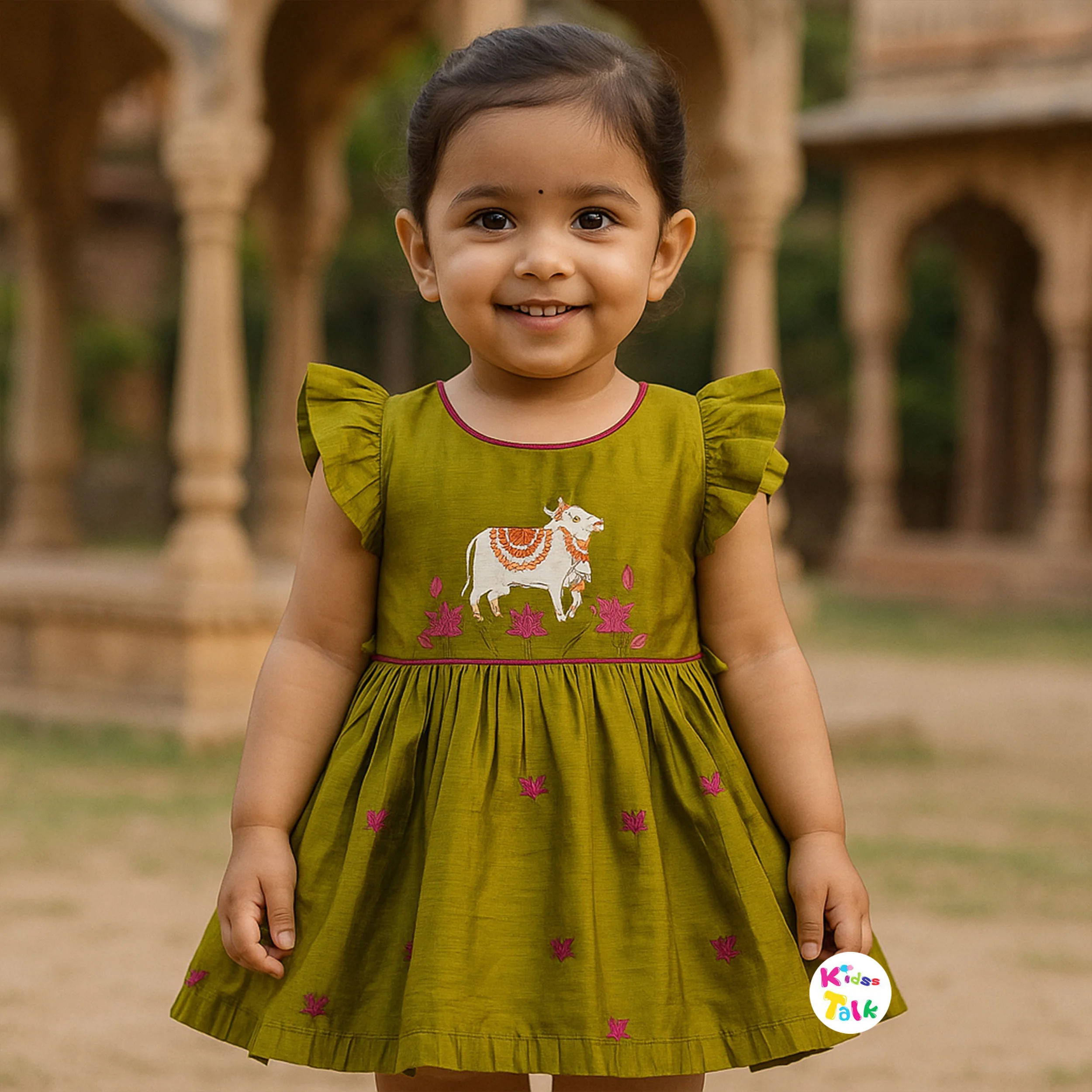 Cute Chanderi Silk Half Sleeve Ethnic Frock With Embroidered - Pista Green