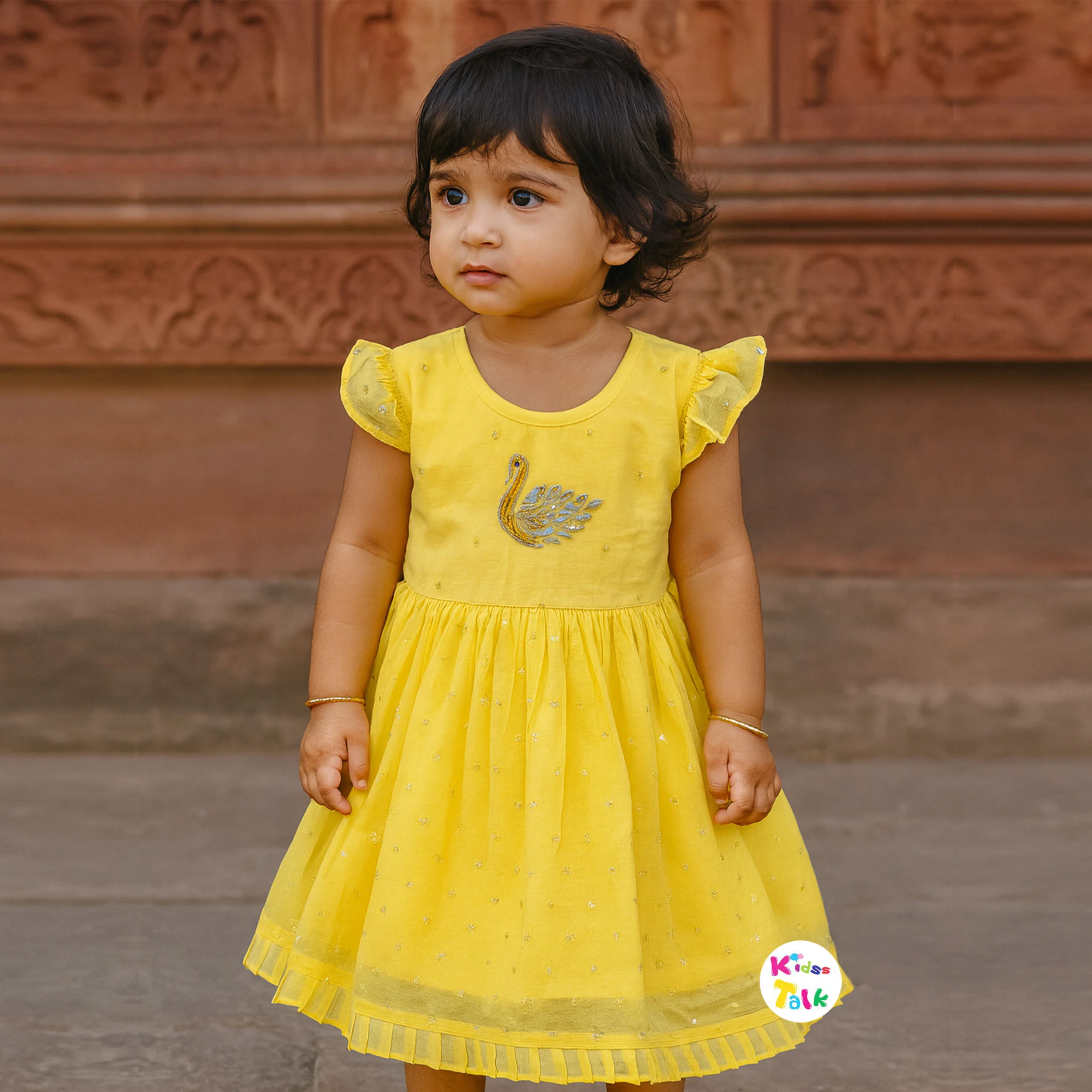 Cute Chanderi Silk Half Sleeve Ethnic Frock With Embroidered - Mustard