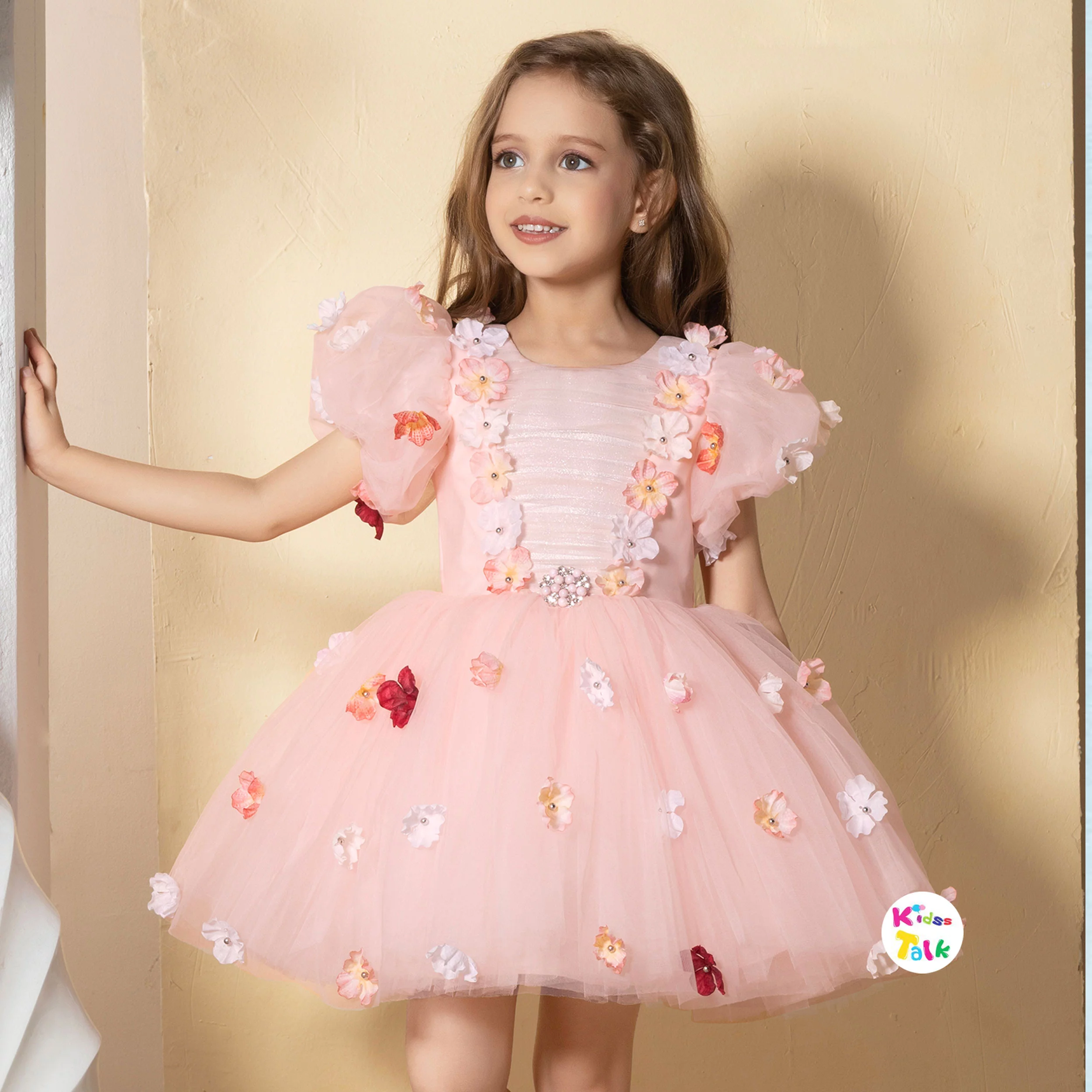 Net Half Sleeve Flower Applique Party Frock - Peach