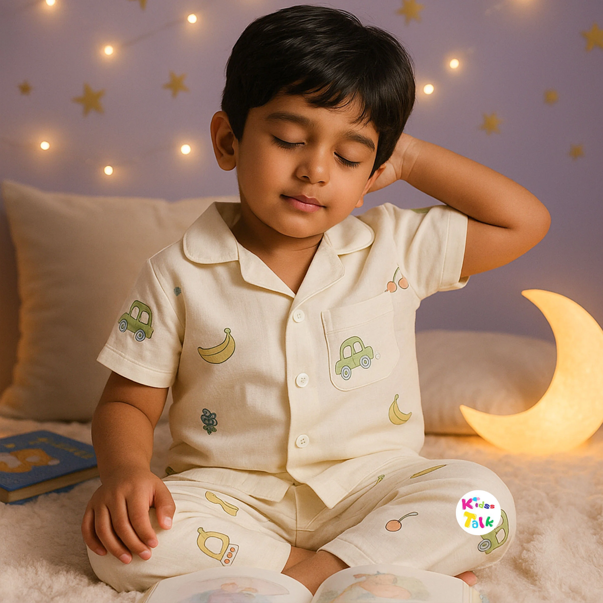 Muslin Half Sleeve Night Suit With Cute Printed - Cream