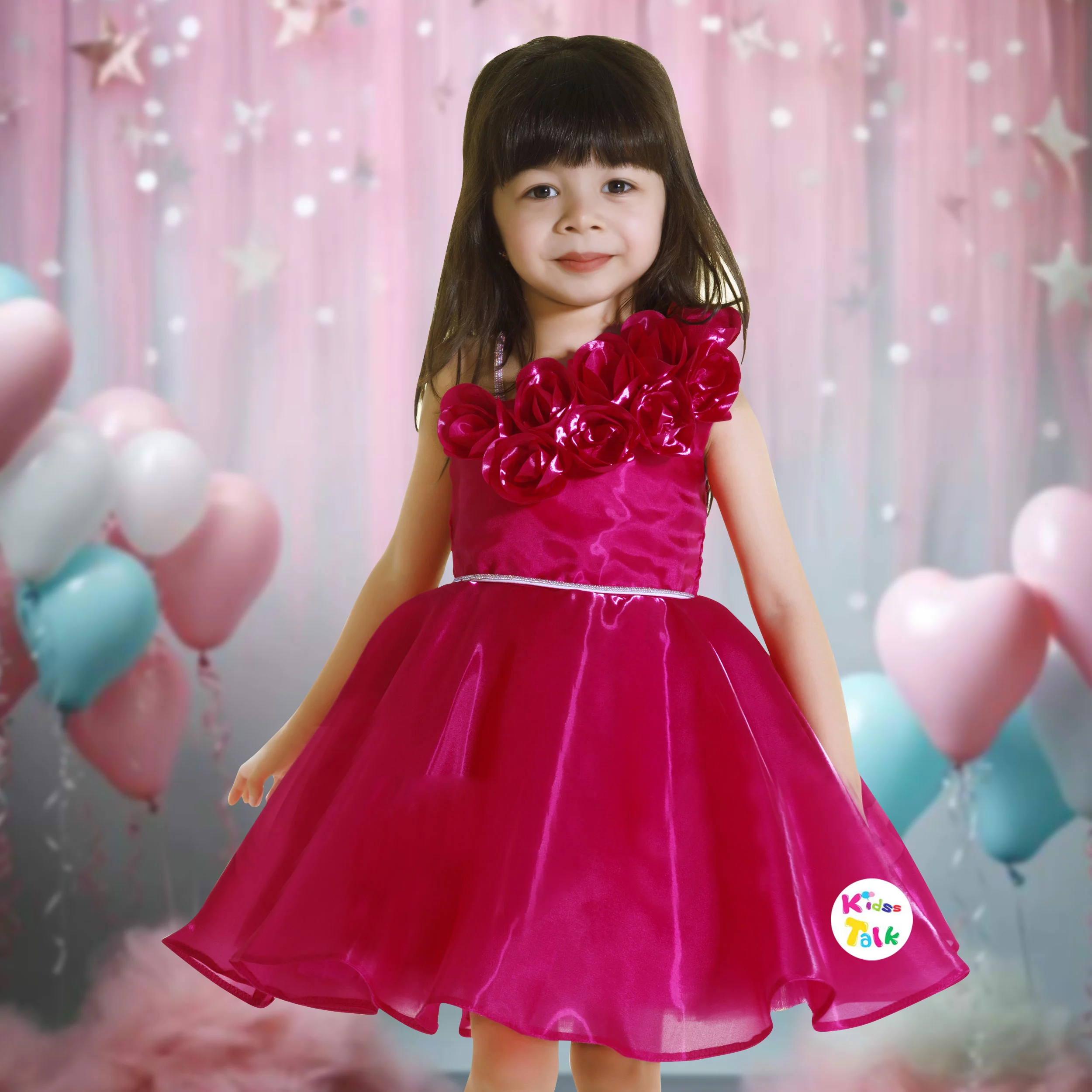 Satin Sleeveless Fluffy Party Frock With Flower Applique - Hot Pink