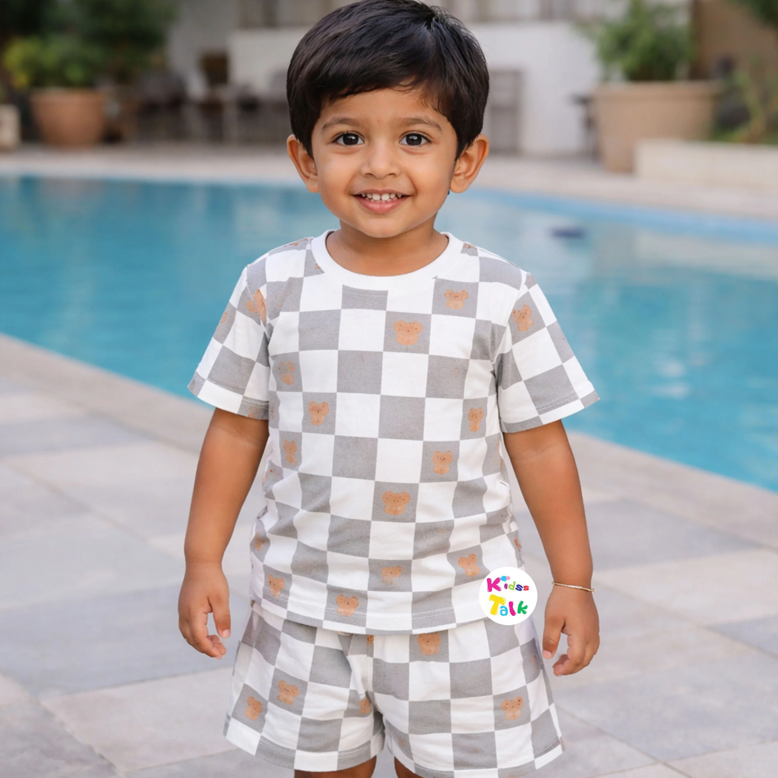 Cotton Knitted Half Sleeve T-shirt Set With Cute Printed - Dark Grey