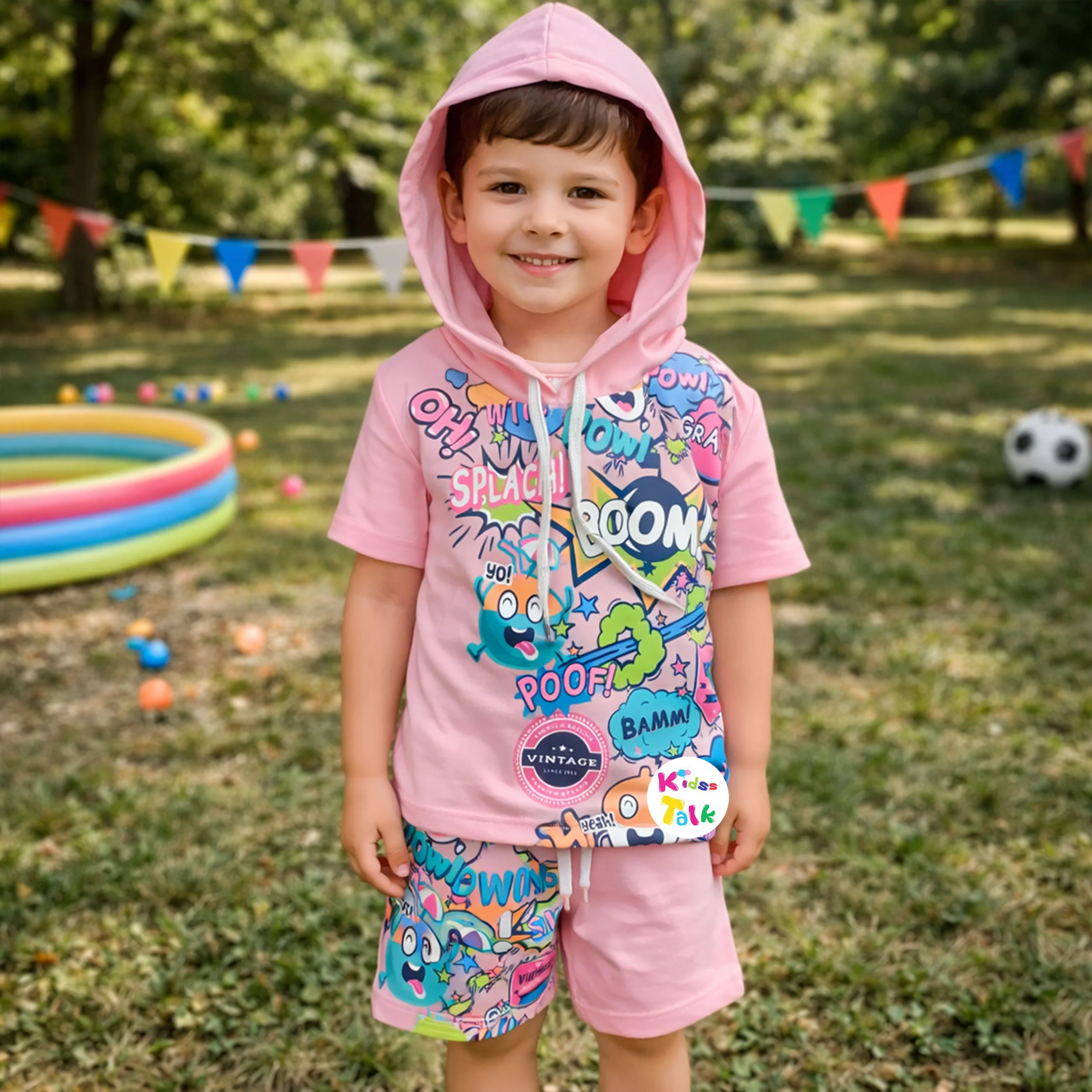 Cotton Half Sleeve Hooded T-shirt Set With Cute Print - Baby Pink