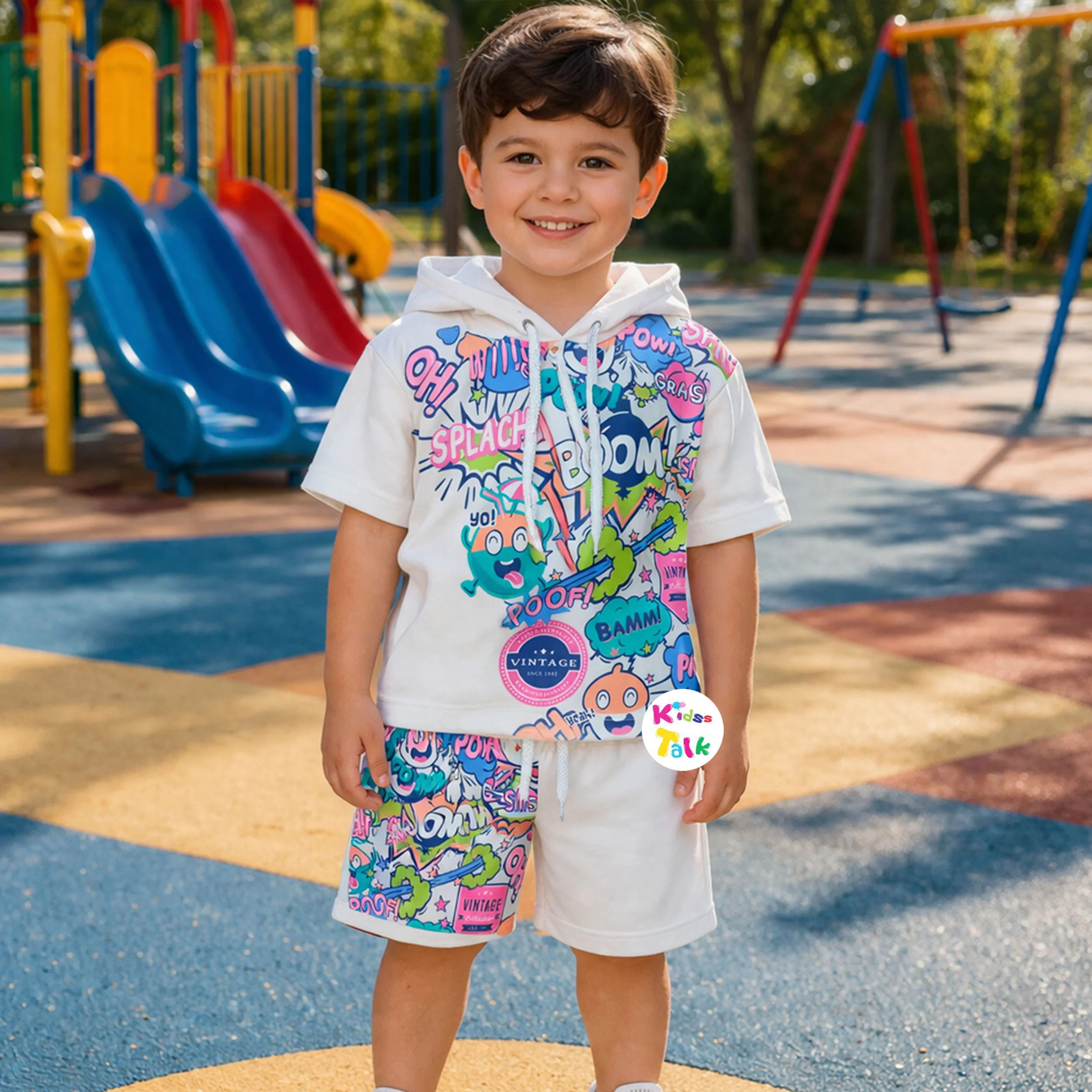 Cotton Half Sleeve Hooded T-shirt Set With Cute Print - White