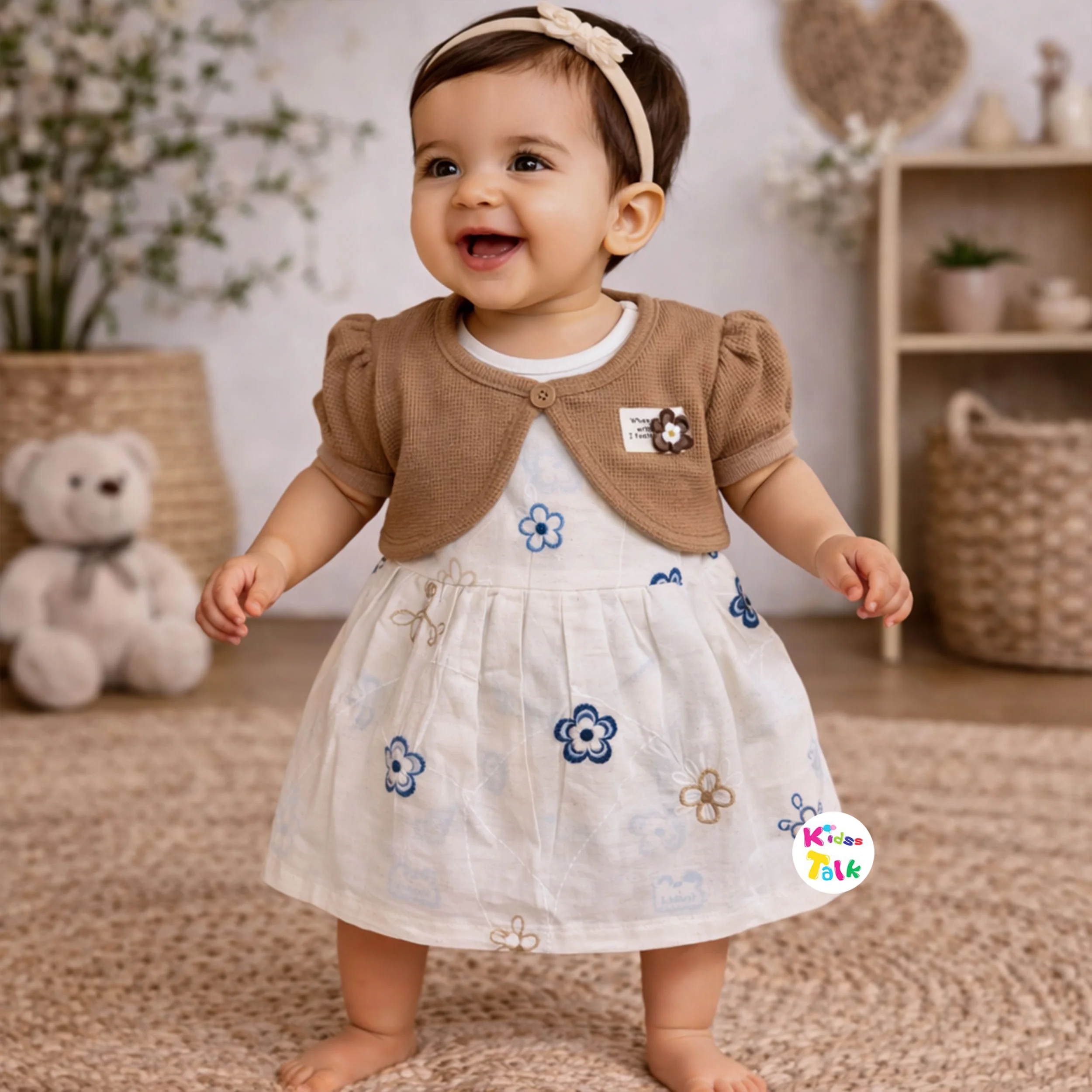 Cotton Half Sleeve Frock With Cute Embroidered - Navy Blue