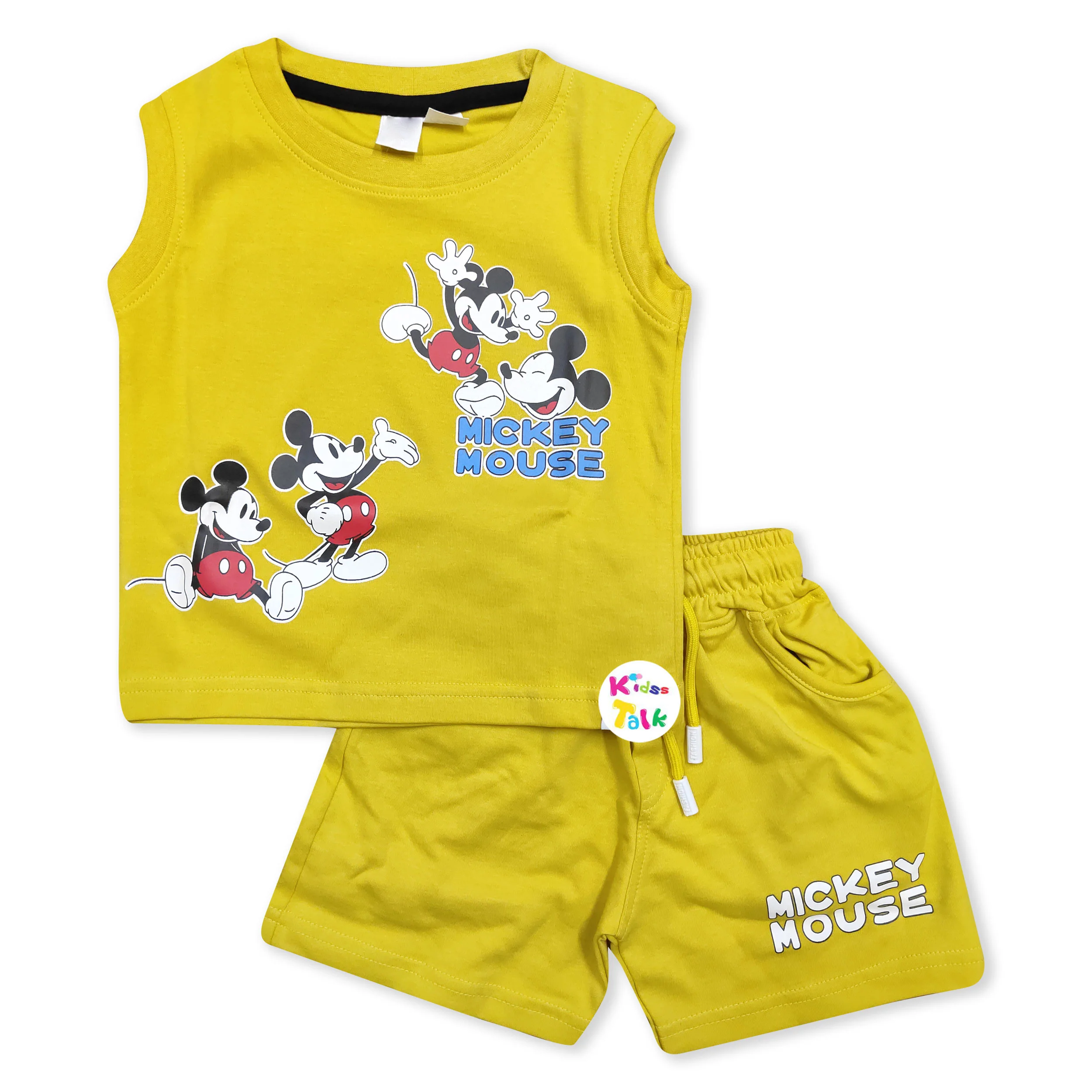 Cotton Knitted Sleeveless T-shirt Set With Cute Print - Mustard