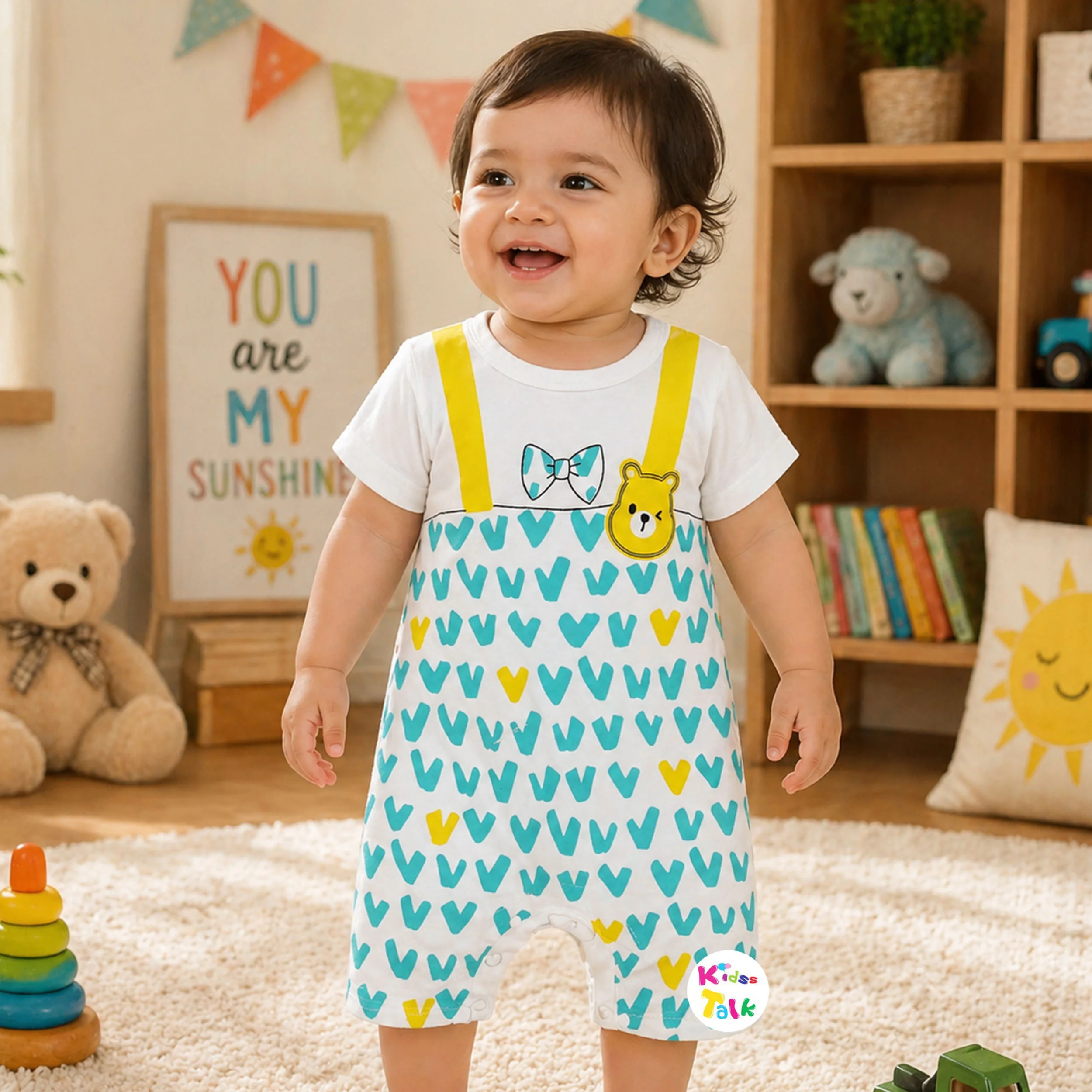 Cotton Knitted Half Sleeve Romper With Cute Print - White