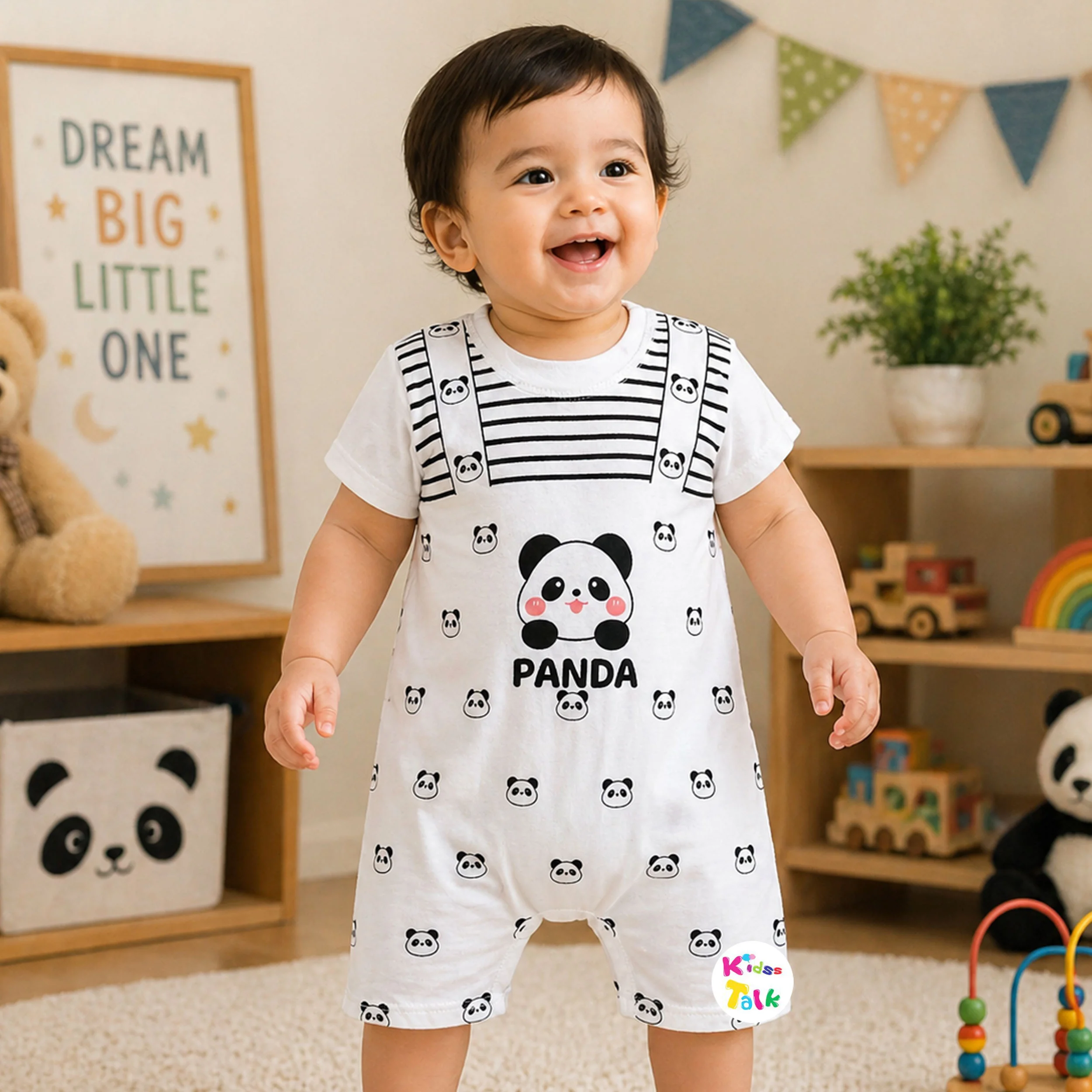 Cotton Knitted Half Sleeve Romper With Cute Print - White