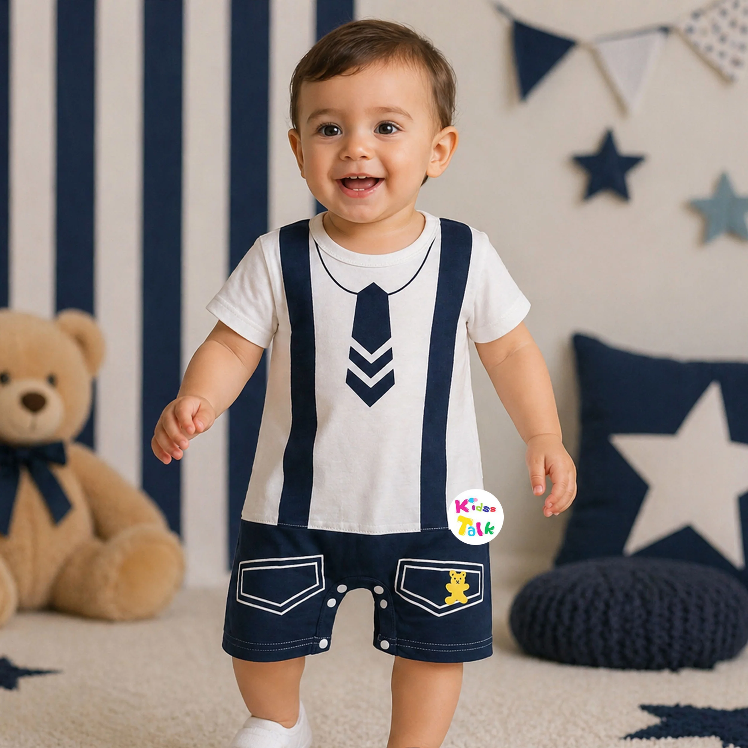 Cotton Knitted Half Sleeve Romper With Cute Print - Navy Blue