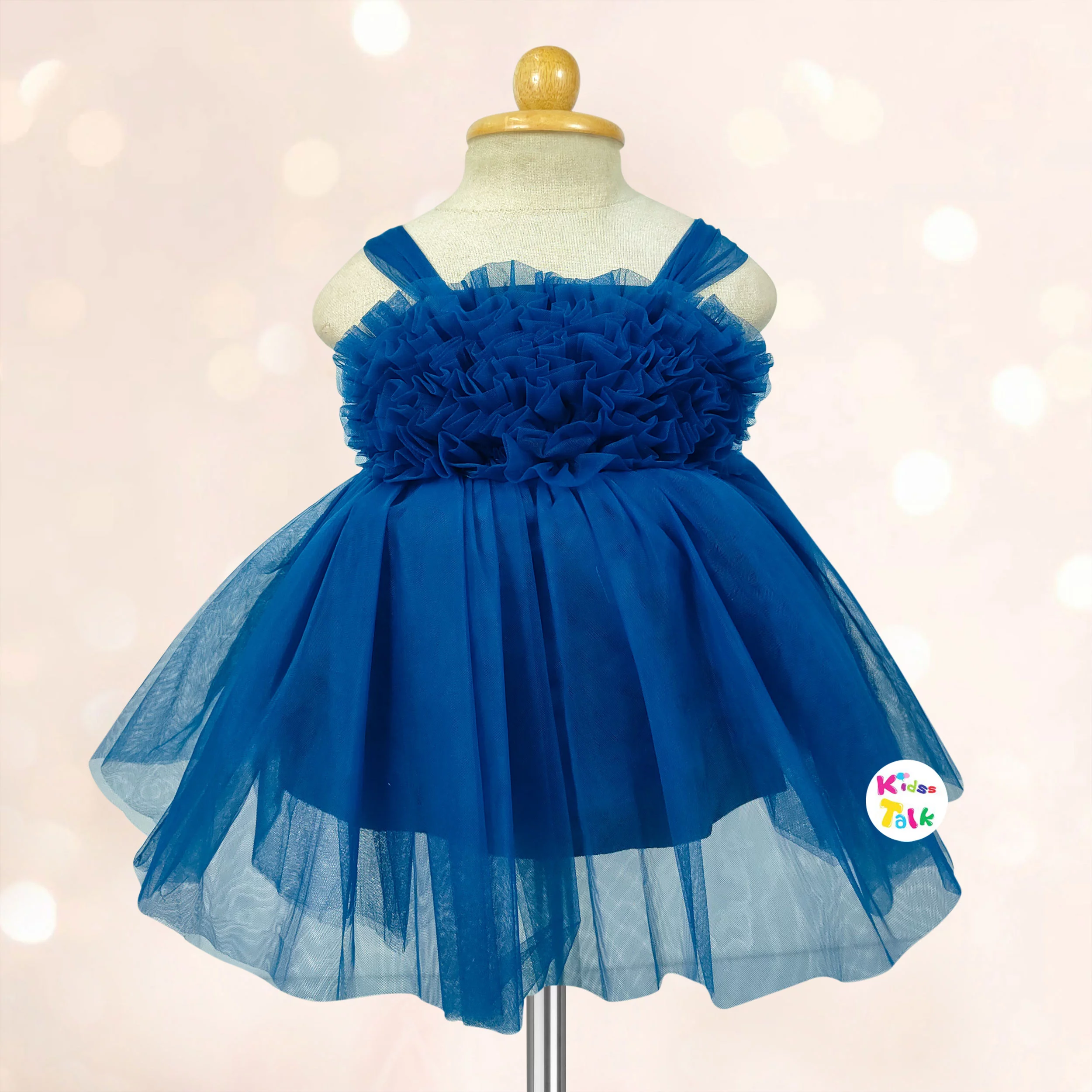 Net Sleeveless Frock With Flower Applique - Teal Blue