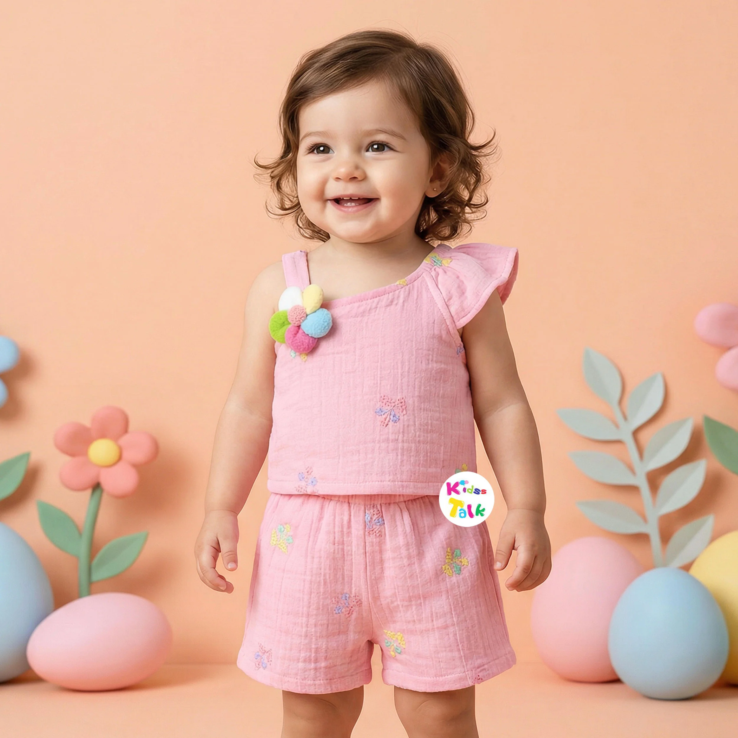 Muslin Sleeveless Top With Embroidered & Shorts -baby Pink