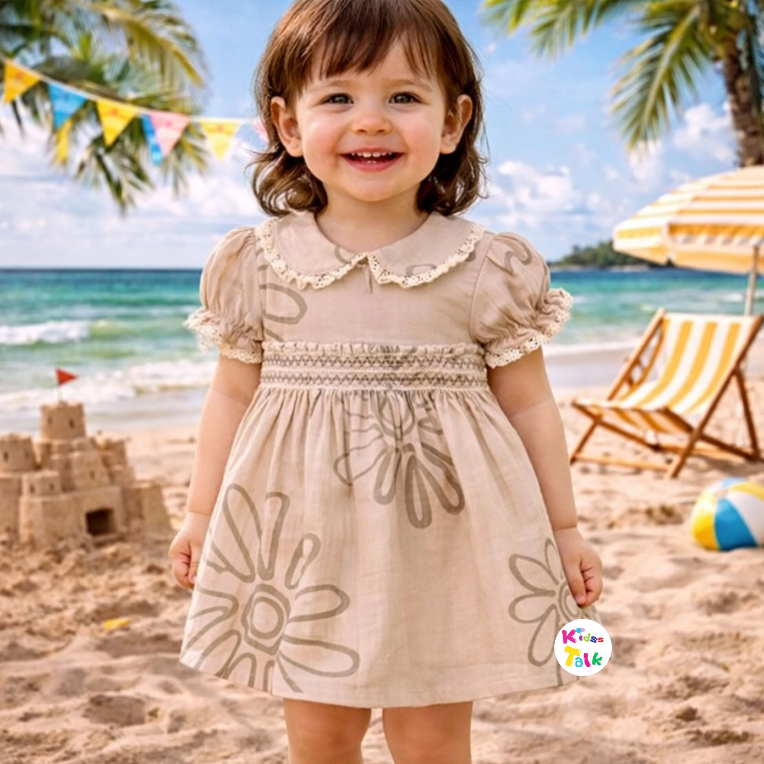 Cute Muslin Half Sleeve Frock With Floral Printed - Beige
