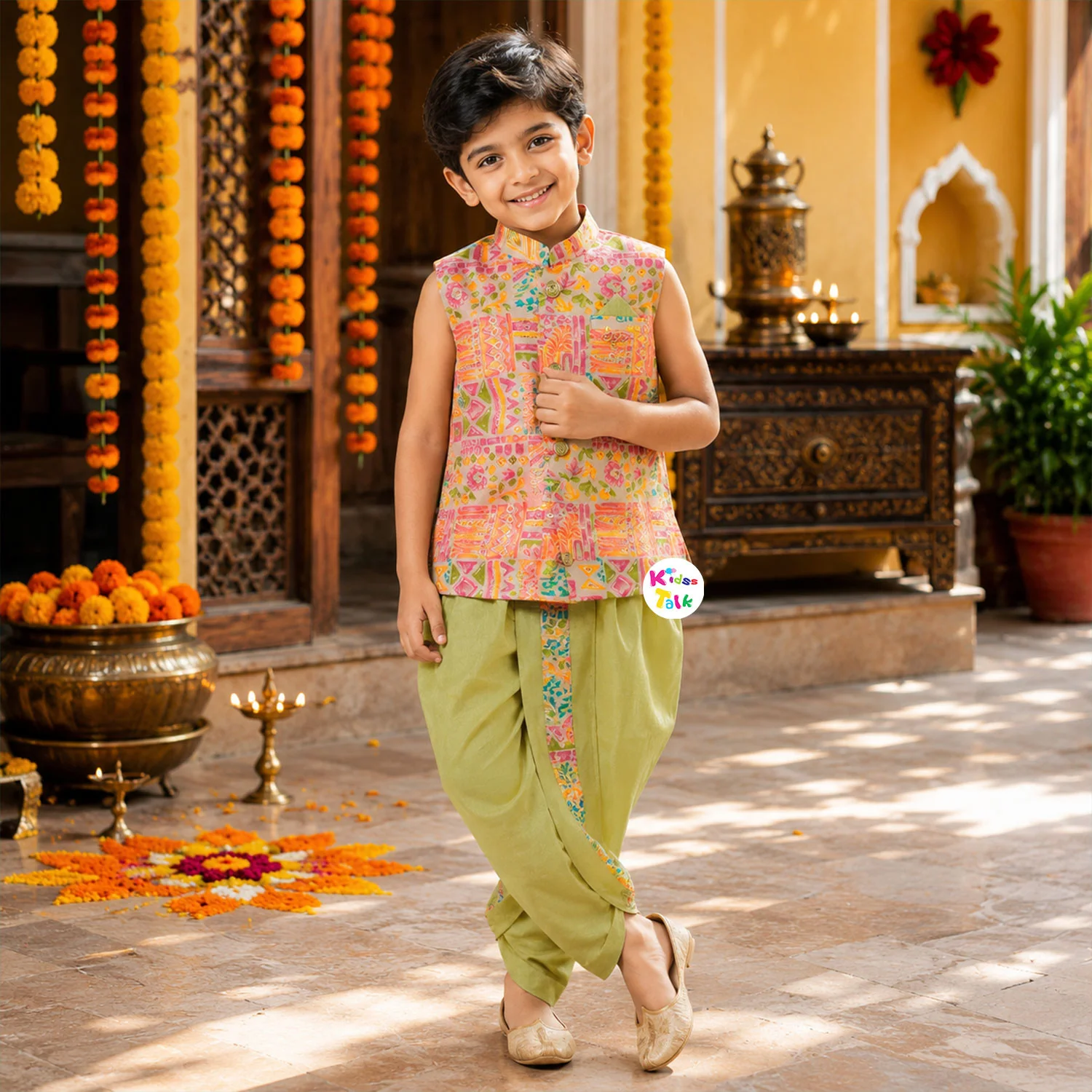 Sleeveless Printed Koti & Dhoti - Pista Green