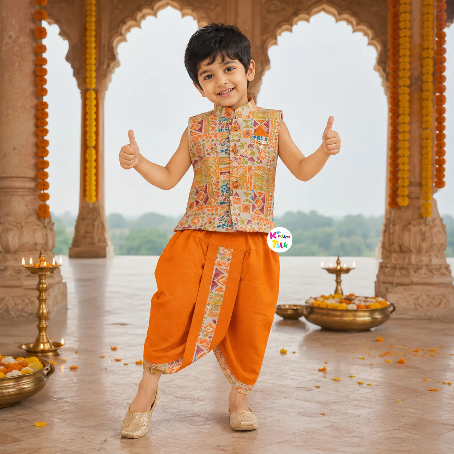 Sleeveless Printed Koti & Dhoti - Orange
