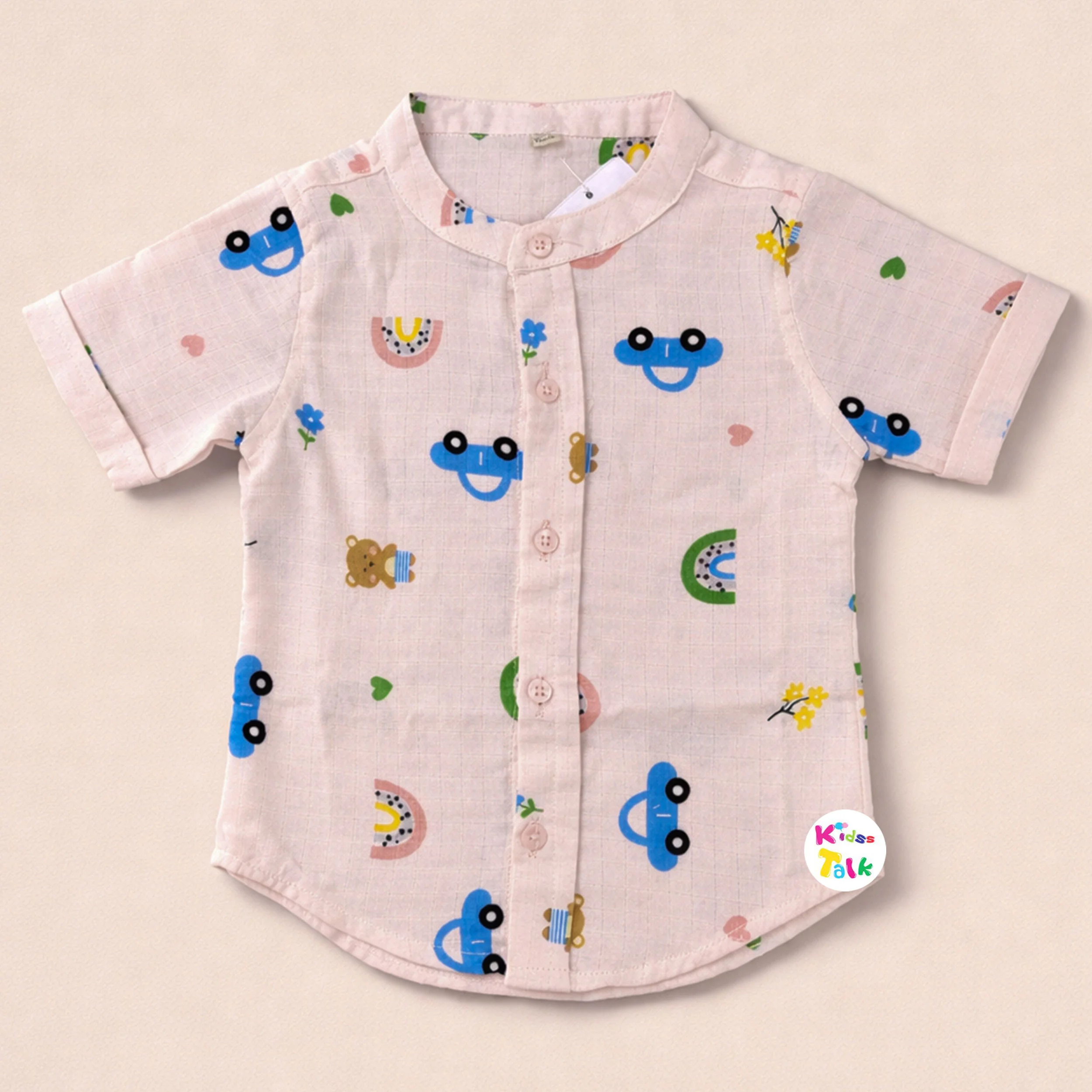 Cotton Half Sleeve Shirt With Cute Print - Baby Pink