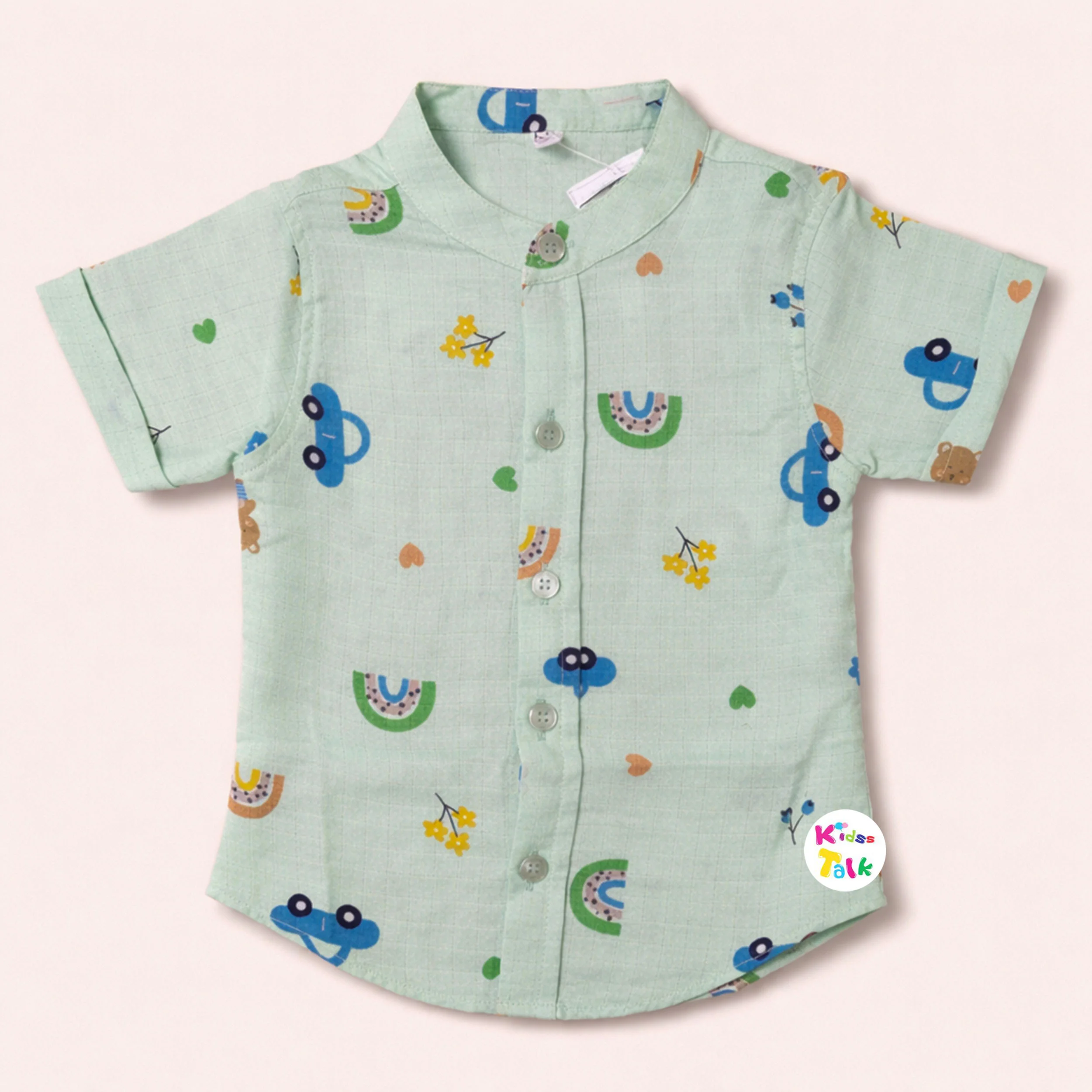 Cotton Half Sleeve Shirt With Cute Print - Mint Green