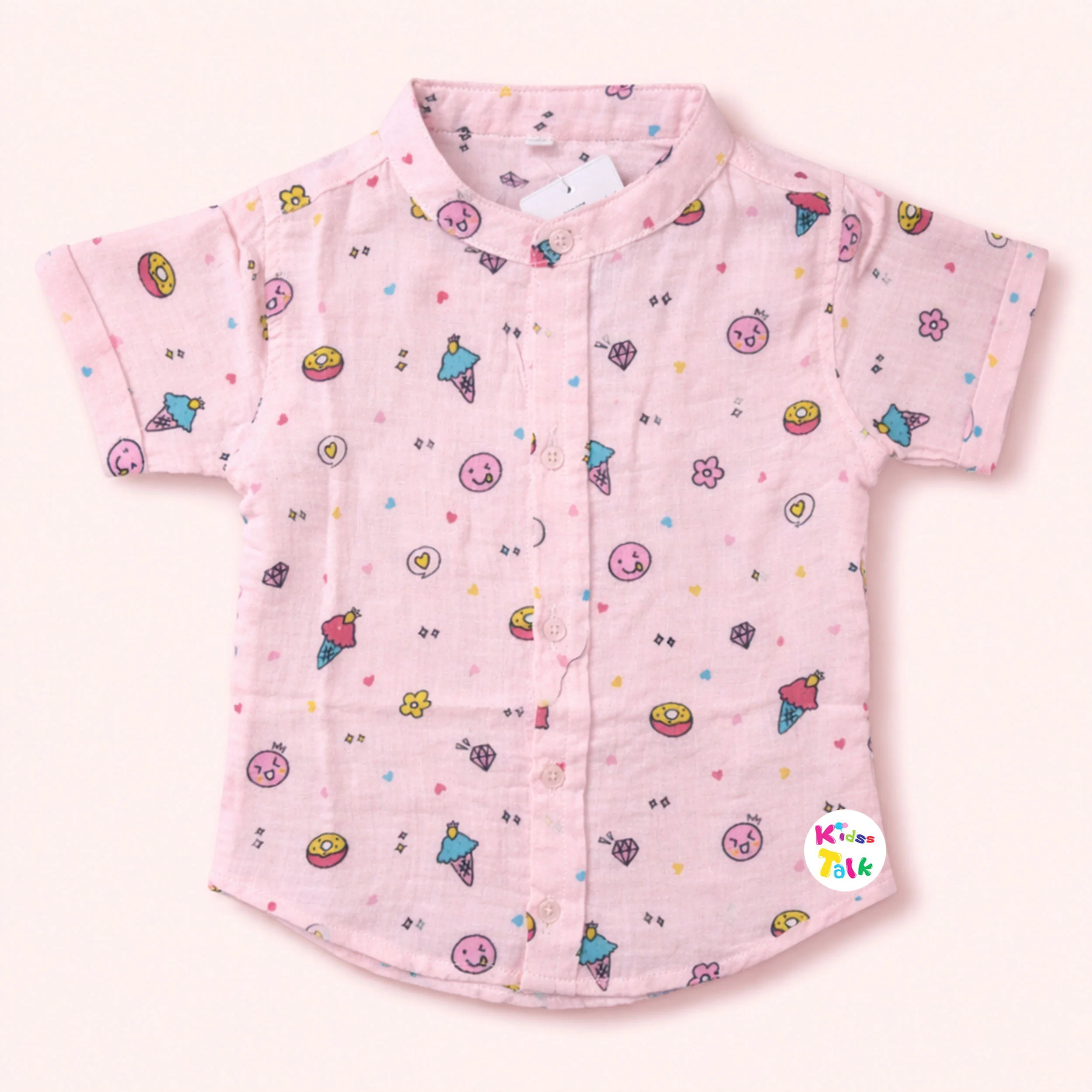 Cotton Half Sleeve Shirt With Cute Print - Baby Pink