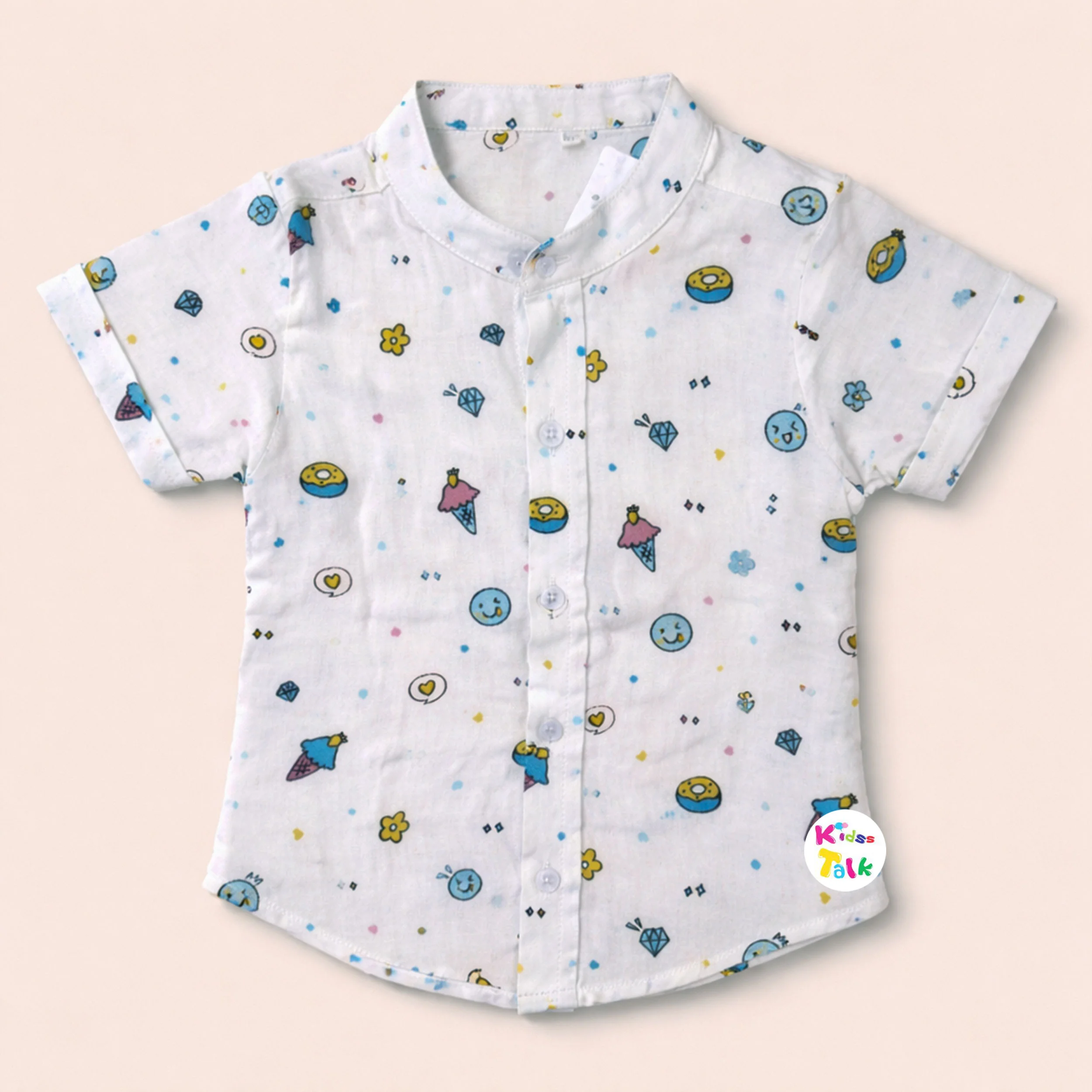 Cotton Half Sleeve Shirt With Cute Print - Ice Blue