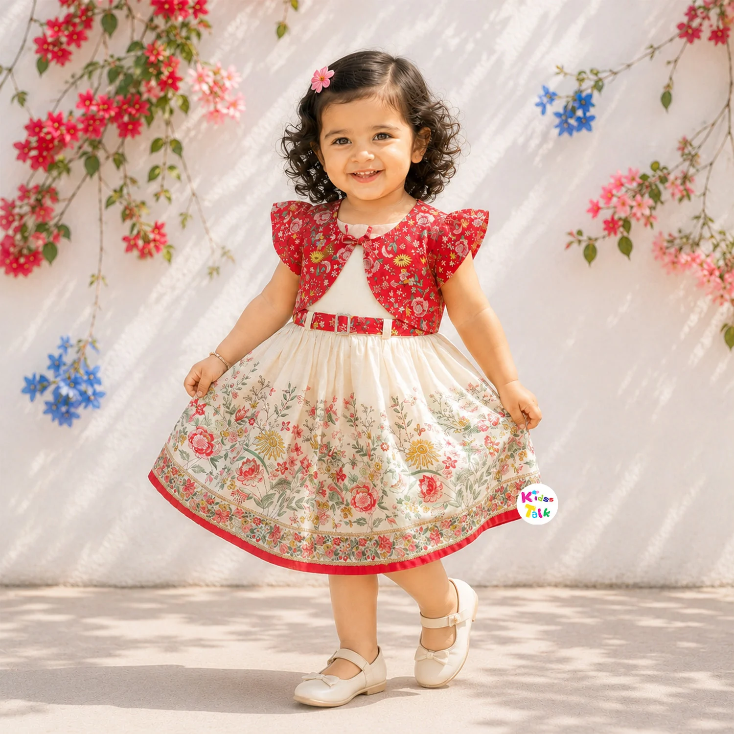 Cotton Half Sleeve Frock With Embroidery - Red