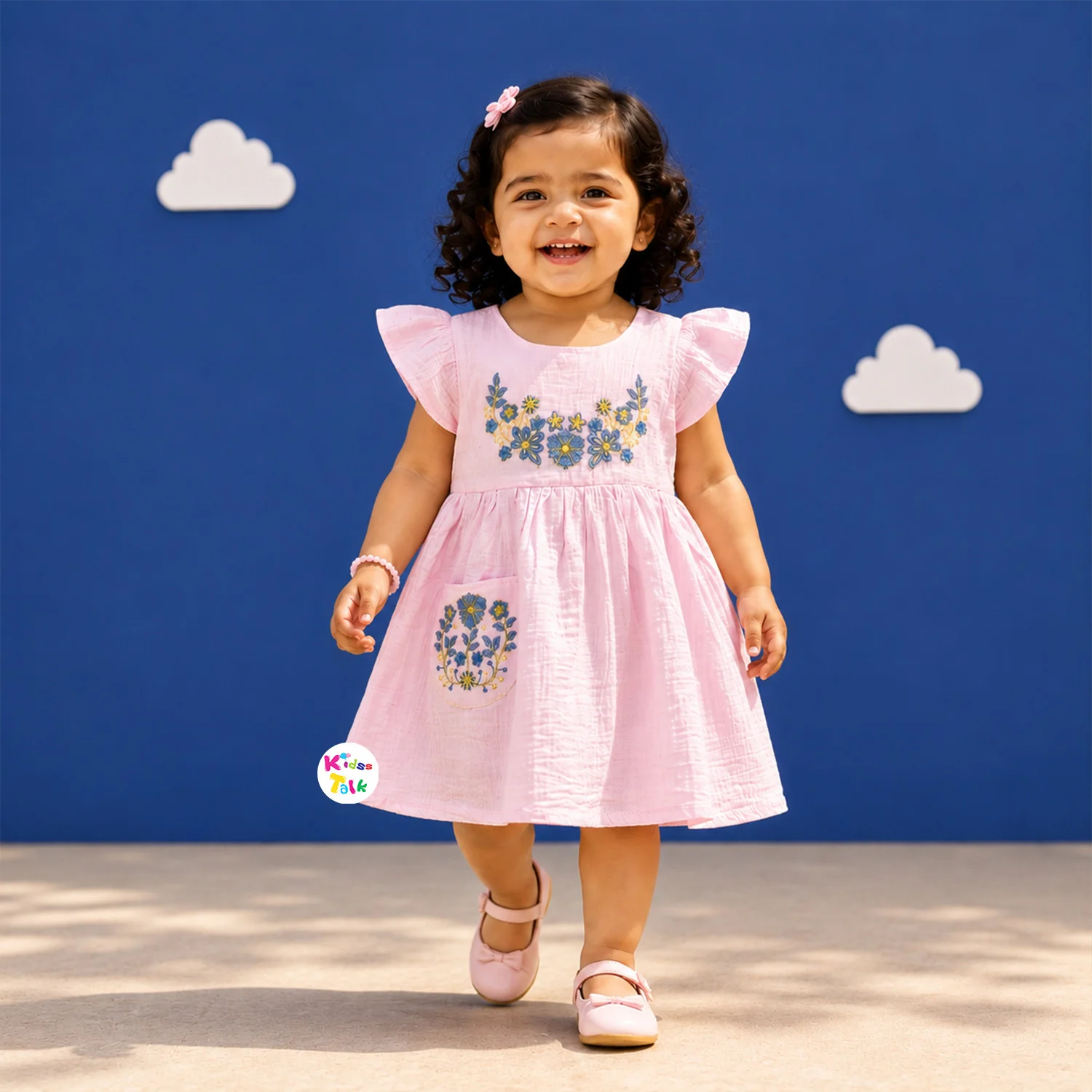 Muslin Half Sleeve Frock With Embroidery - Baby Pink