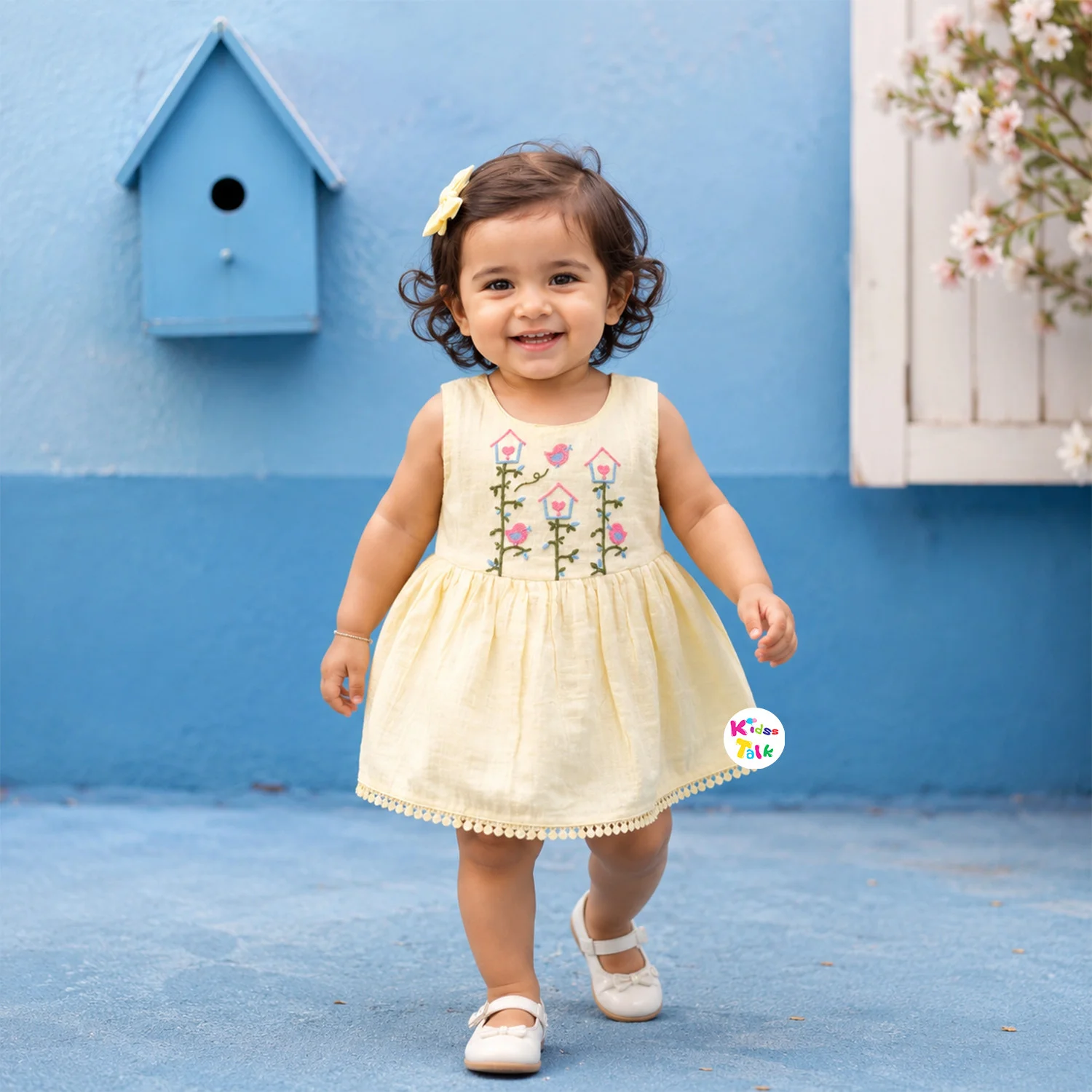Muslin Half Sleeve Frock With Embroidery - Lemon Yellow