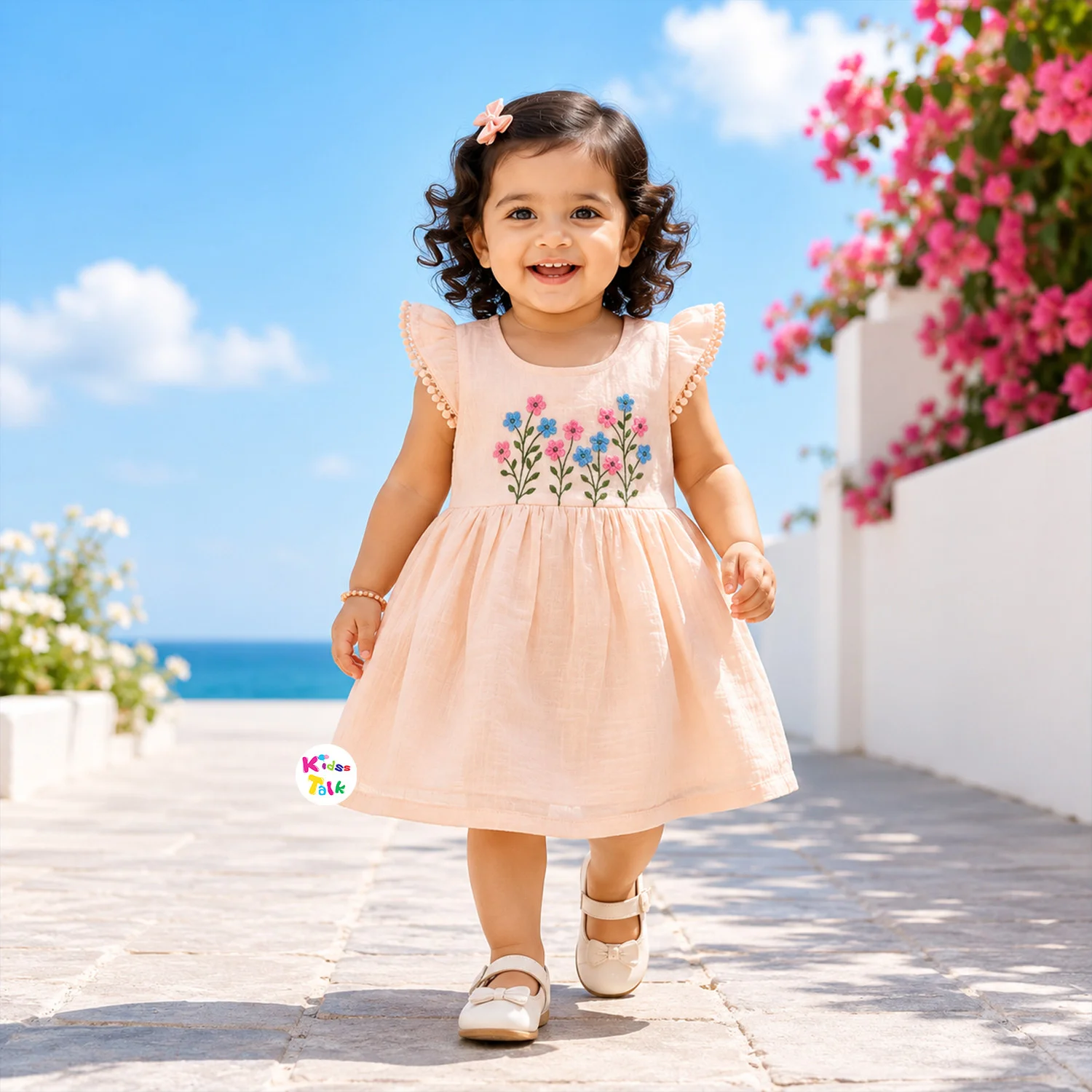 Muslin Half Sleeve Frock With Embroidery - Peach