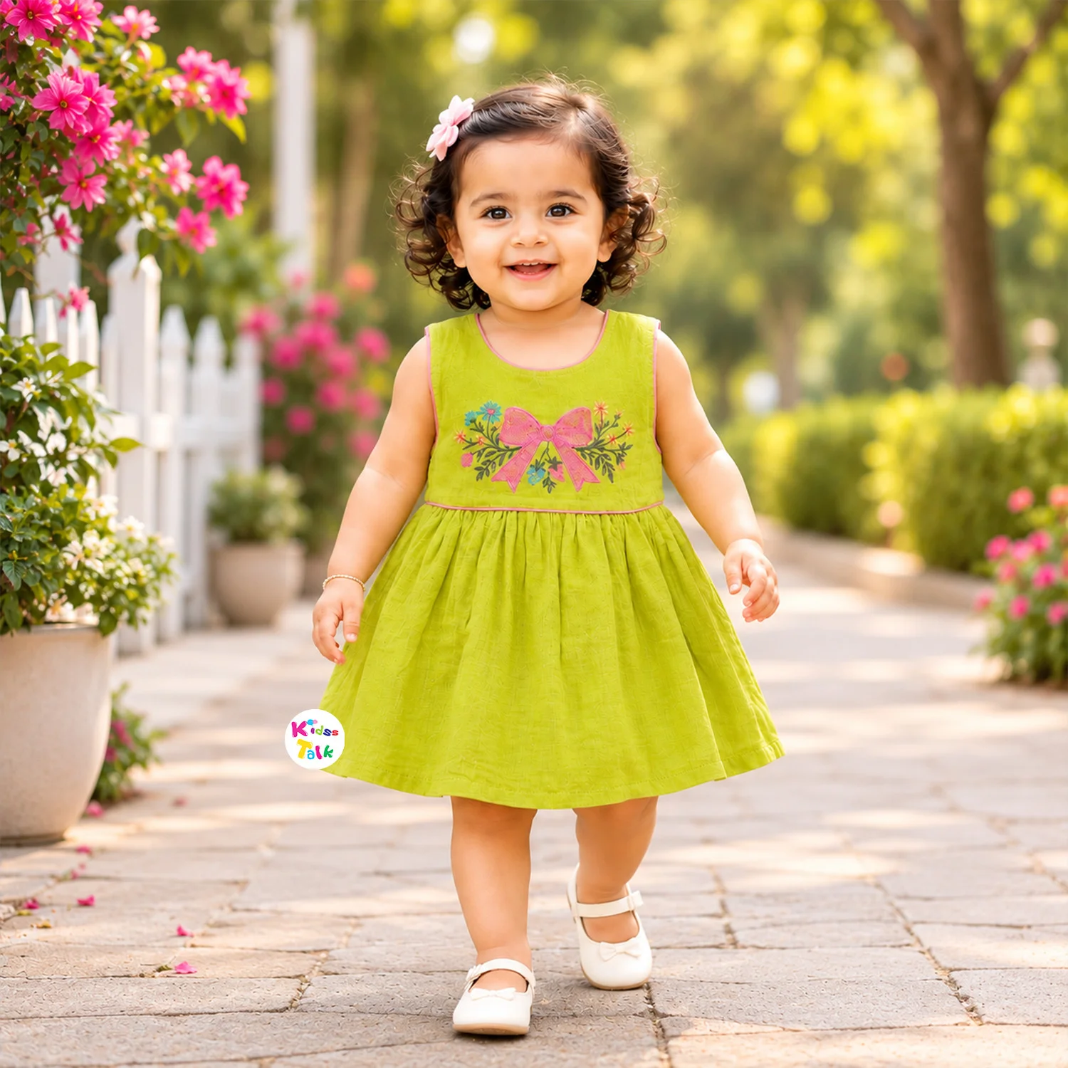 Muslin Half Sleeve Frock With Embroidery - Pista Green