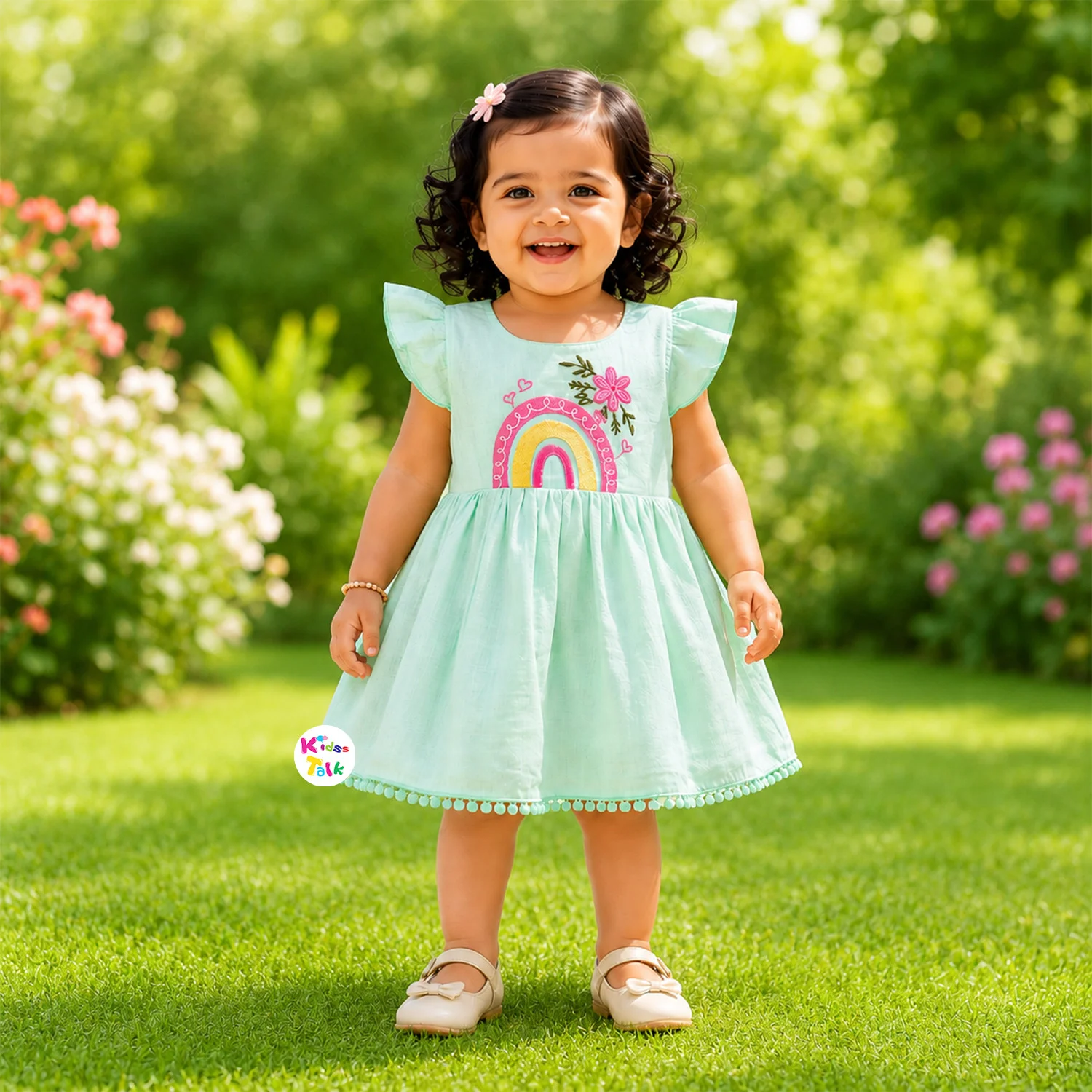 Muslin Half Sleeve Frock With Embroidery - Turquoise