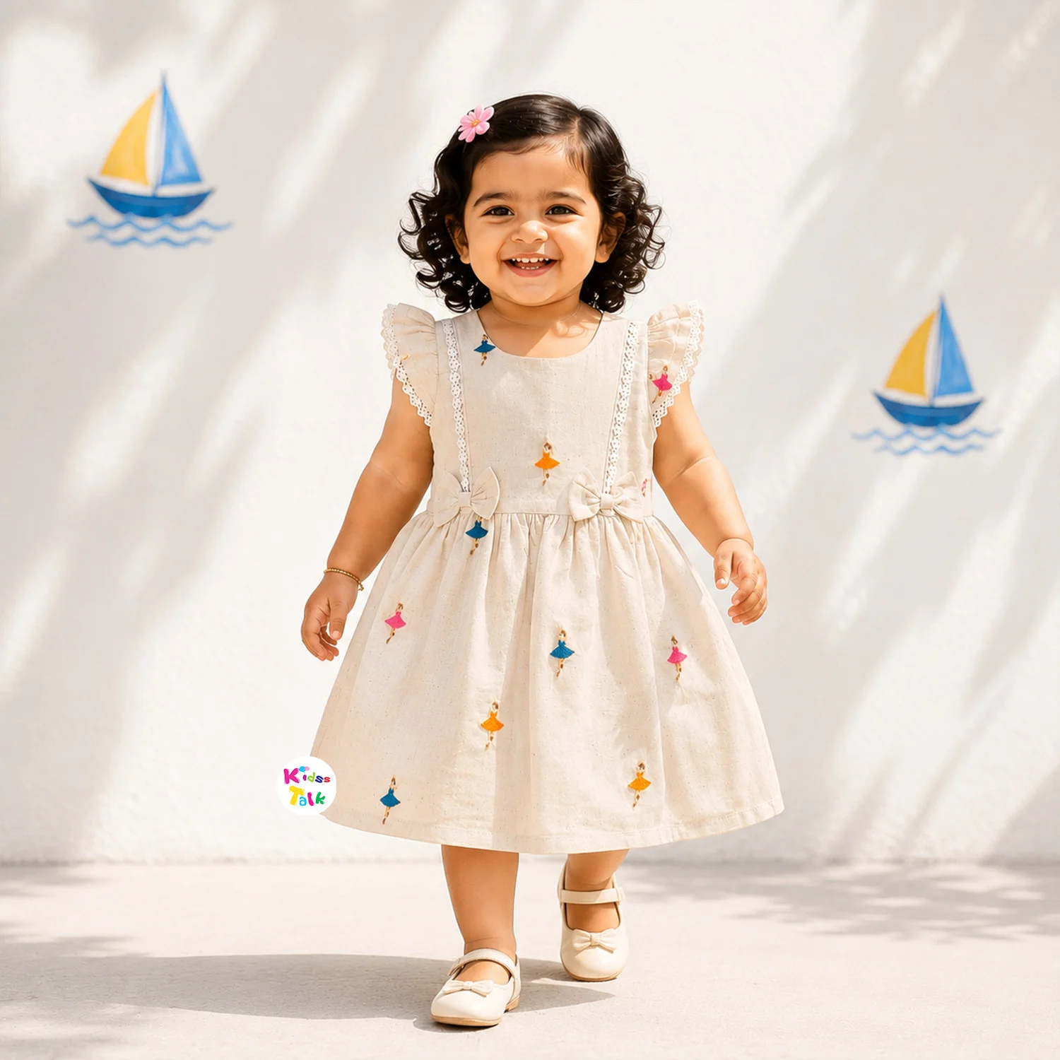 Cotton Half Sleeve Frock With Embroidery - Cream