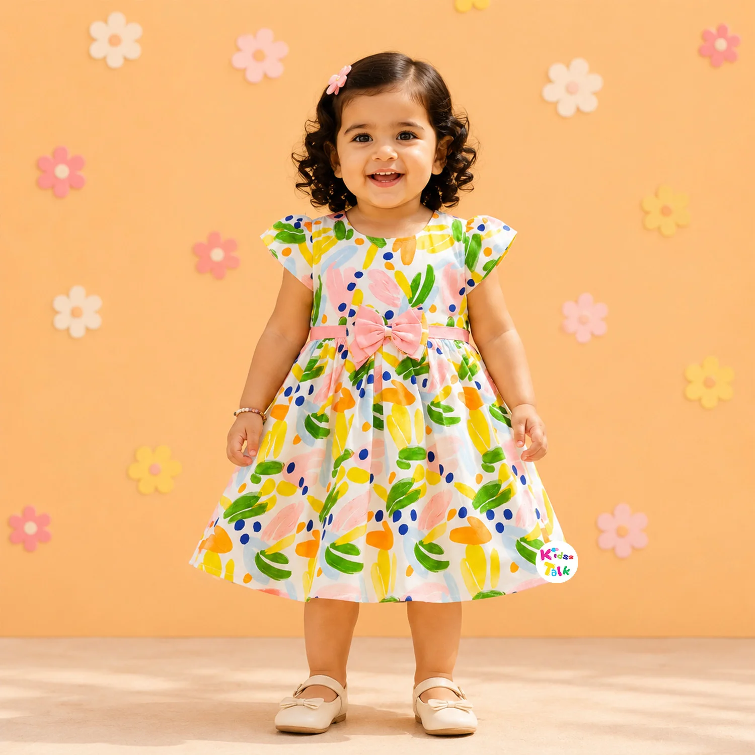 Cotton Half Sleeve Frock With Embroidery - Mustard