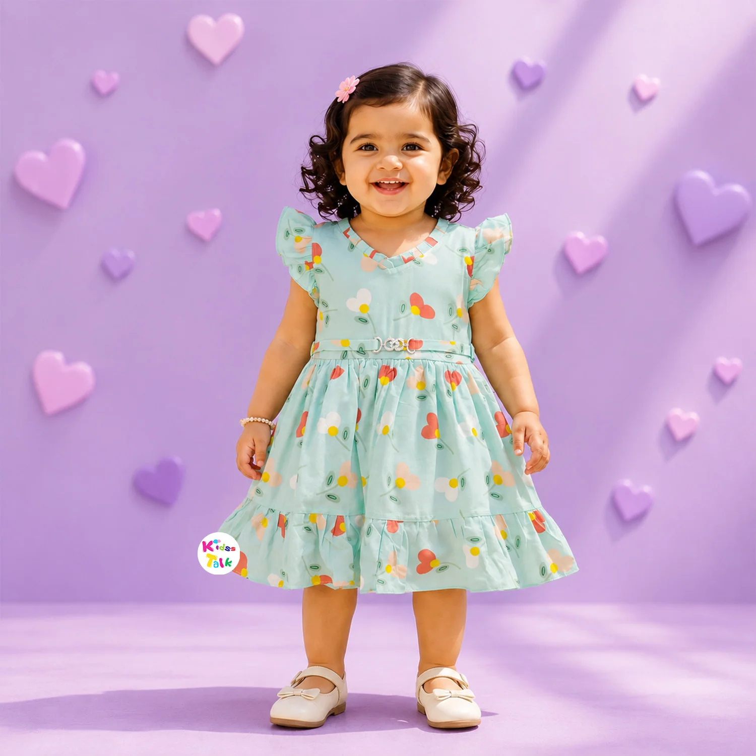 Cotton Half Sleeve Frock With Embroidery - Turquoise