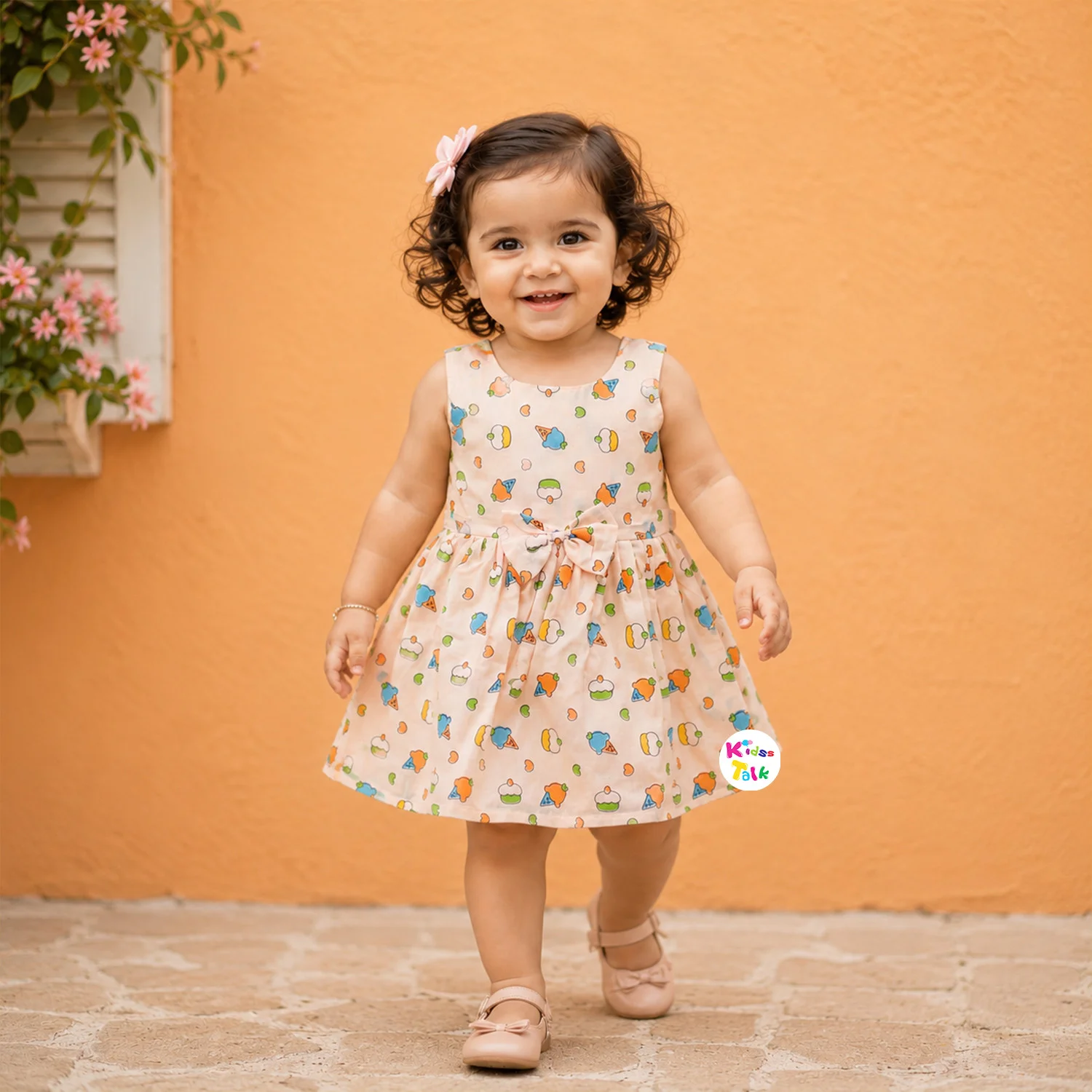 Cotton Half Sleeve Frock With Embroidery - Peach
