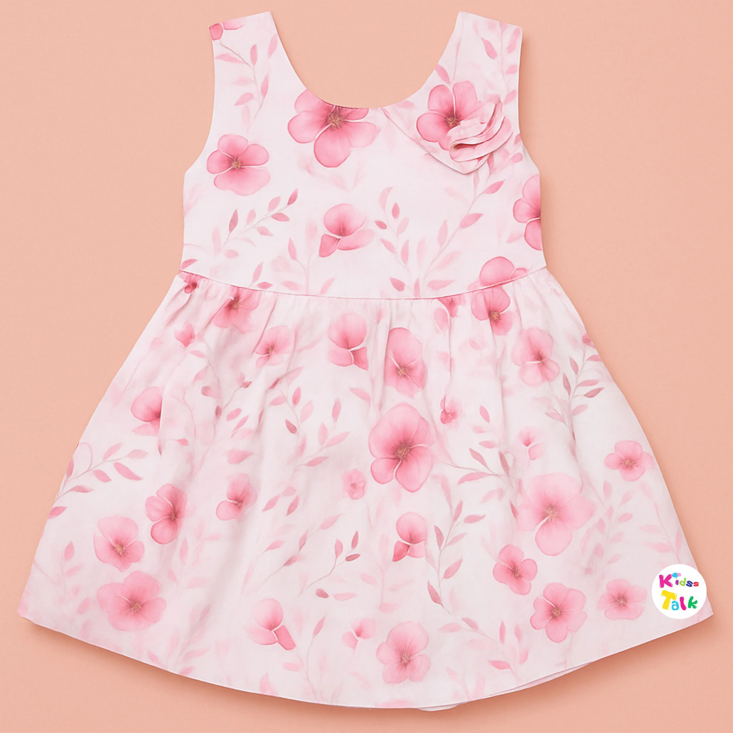 Satin Sleeveless Frock With Floral Printed - Pink