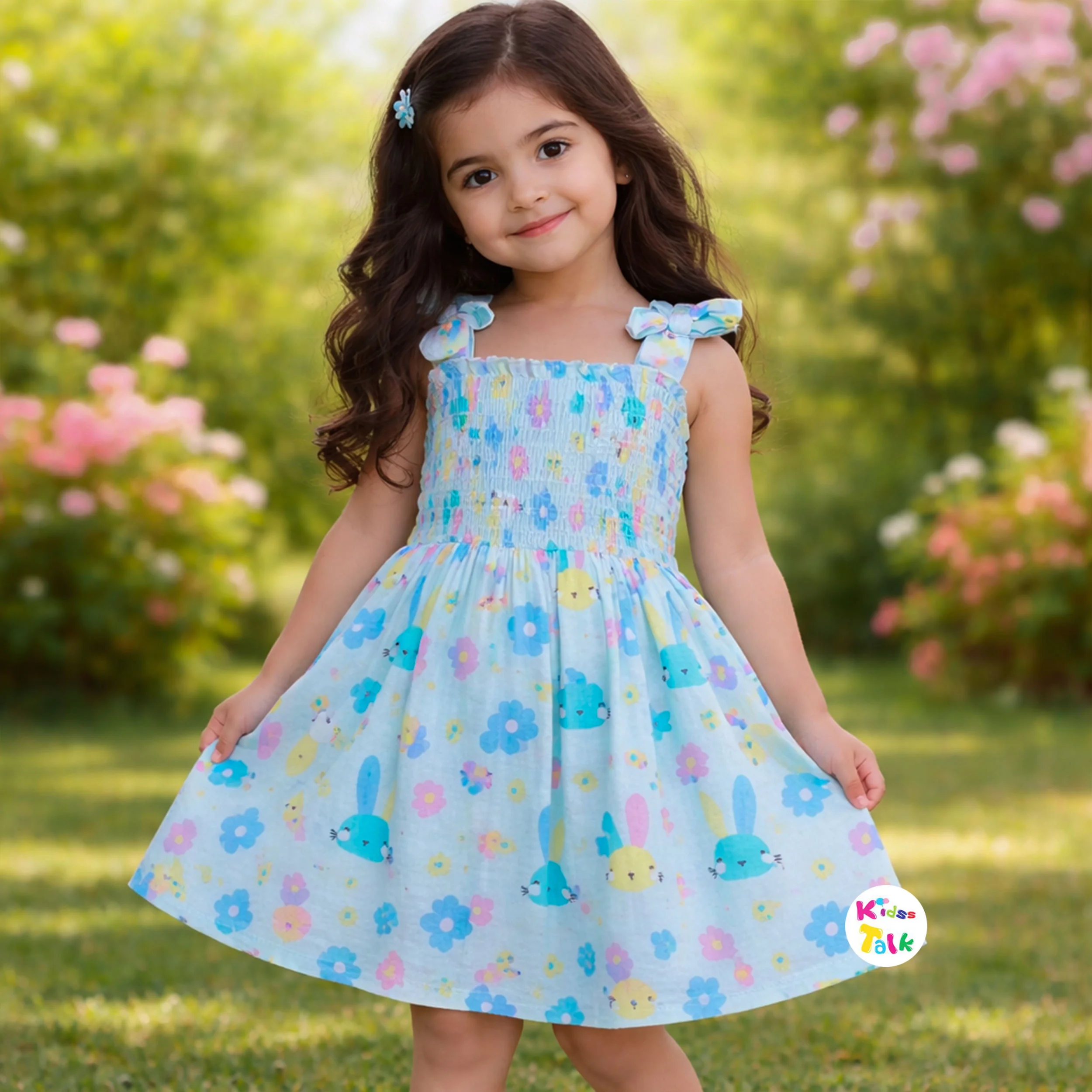 Cute Muslin Sleeveless Frock With Cute Printed - Ice Blue