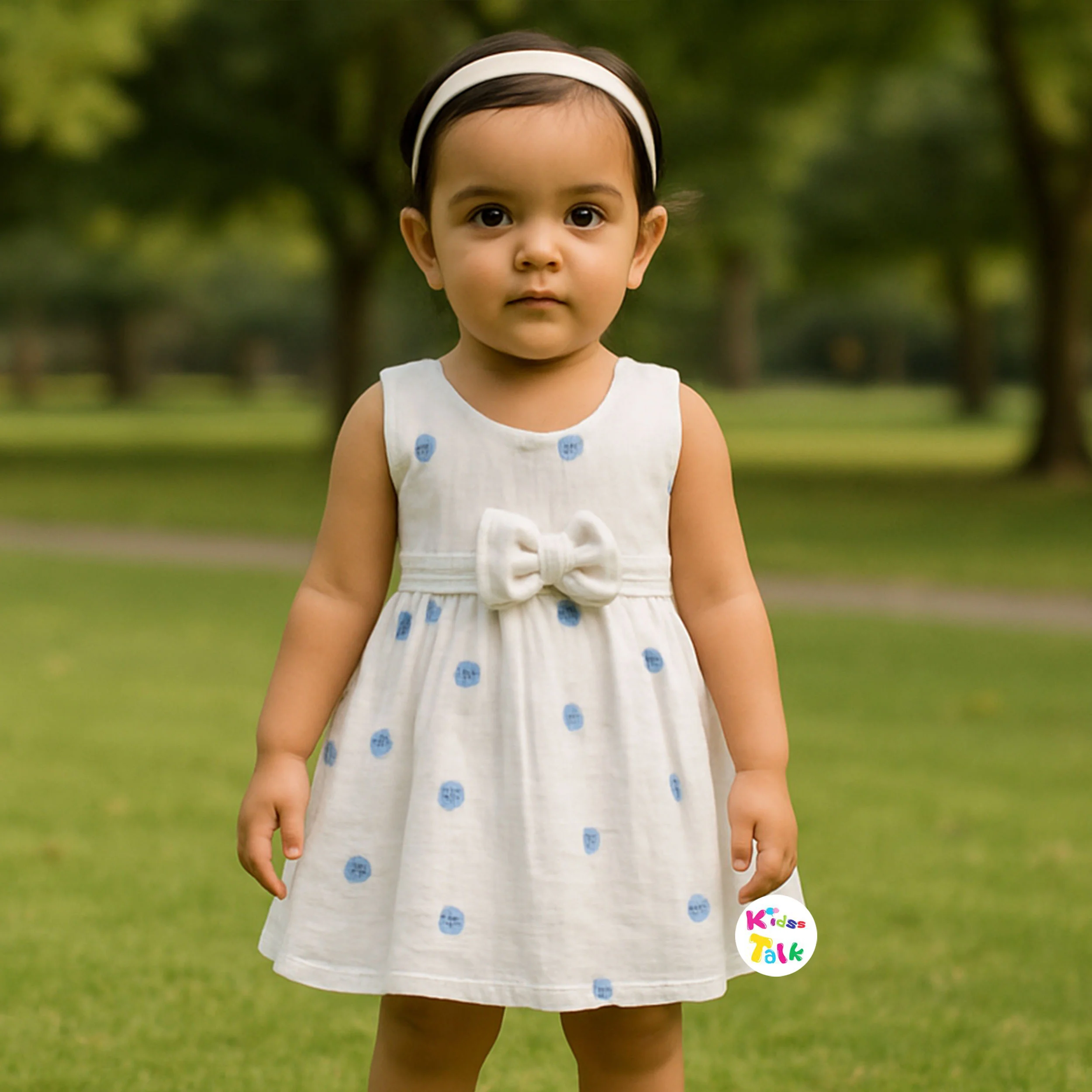 Muslin Sleeveless Frock With Bow - Ice Blue